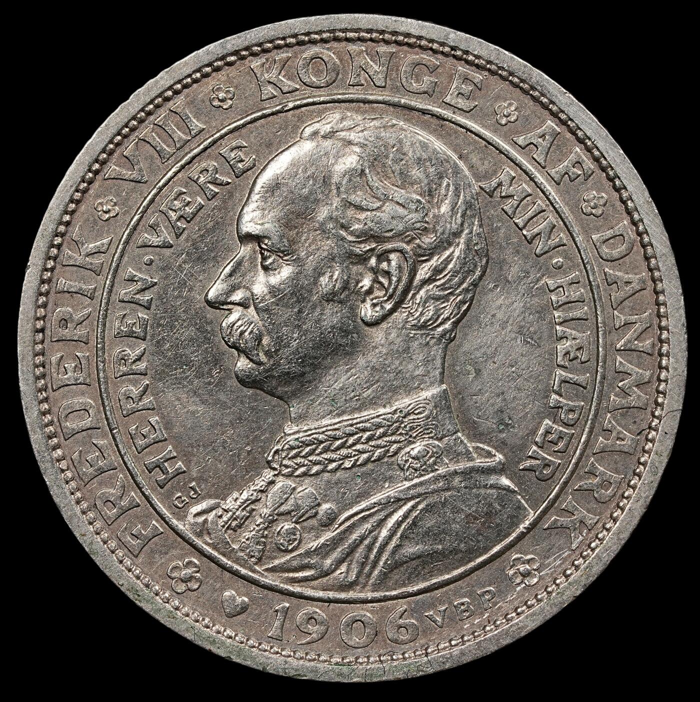 修遠堂世界钱币第111期 1906年丹麦国王更迭纪念2克朗银币 15g，含银80%