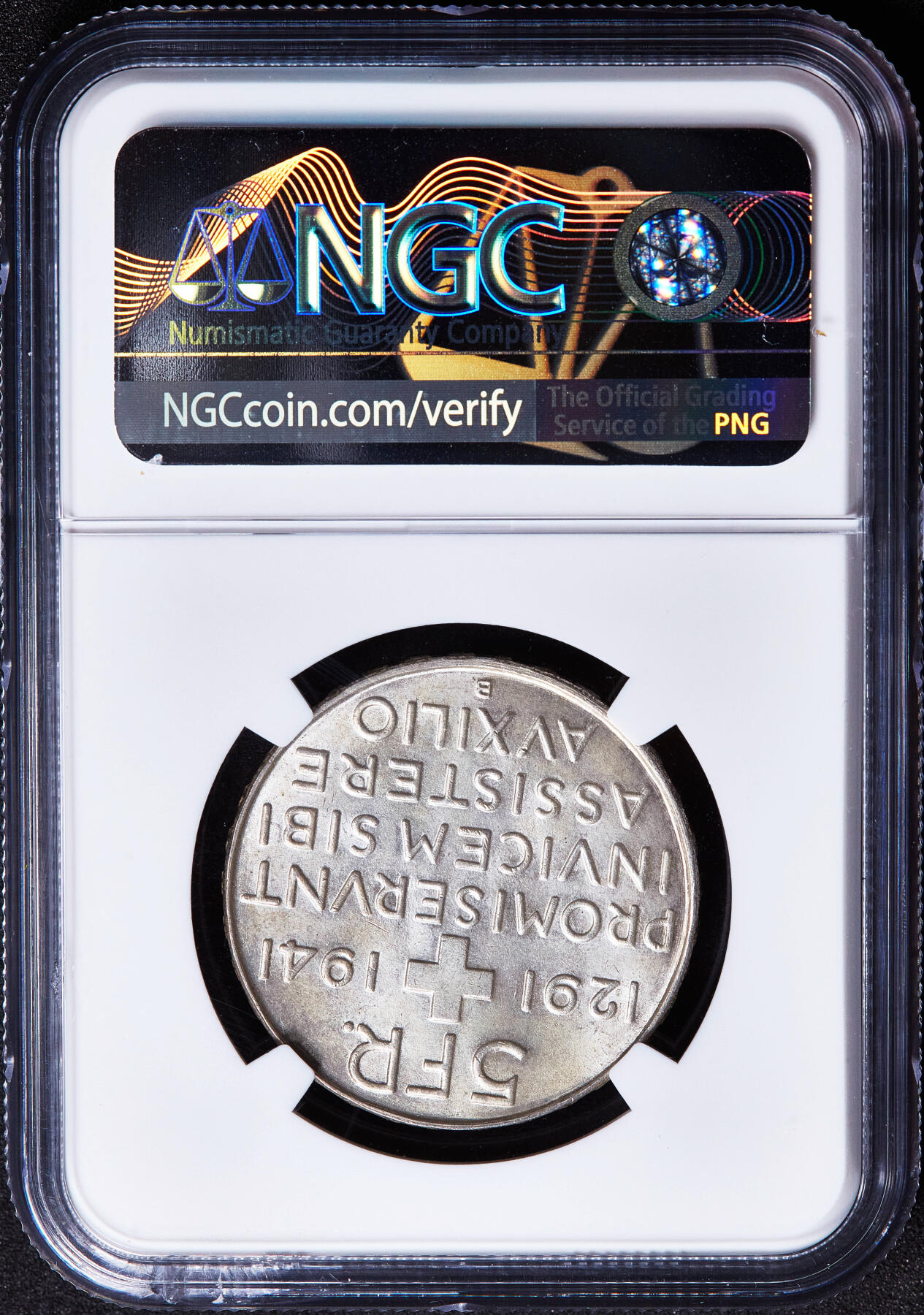 【俄甄集藏】满园春色-2026年(051)04-22星期三 晚 19:30 全场包邮 瑞士1941年B版纪念联邦成立650周年5法郎银币，NGC MS65，黄油彩转光品相，重15克，835银，发行量100150枚