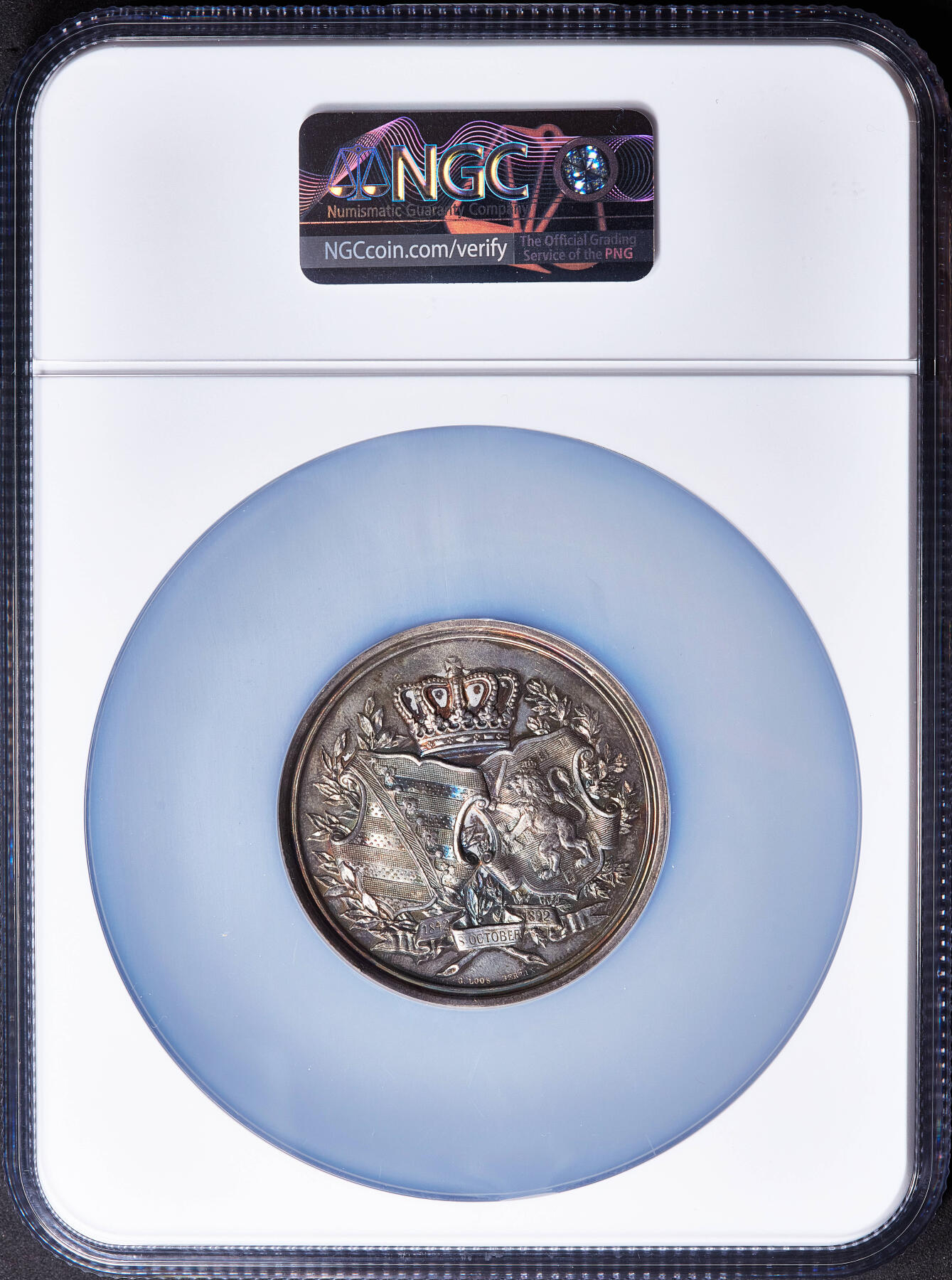 【俄甄集藏】满园春色-2026年(051)04-22星期三 晚 19:30 全场包邮 德国1892年纪念萨克森-魏玛-爱森纳赫大公卡尔·亚历山大与荷兰公主苏菲金婚大银章，NGC MS61，高浮雕，类精制底板，五彩包浆，转光品相，柏林造币厂著名雕刻师Loos作品，直径：50mm，名誉品种