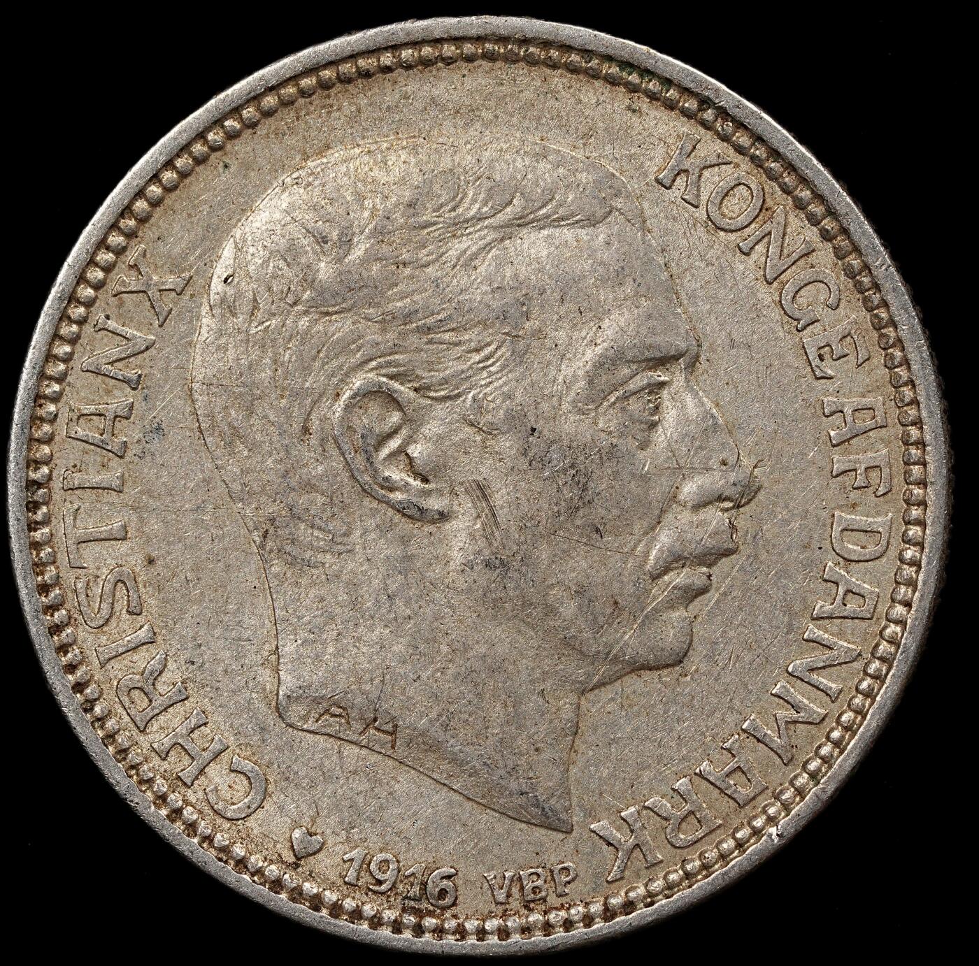 修遠堂世界钱币第111期 1916年丹麦海豚2克朗银币 15g 含银80%