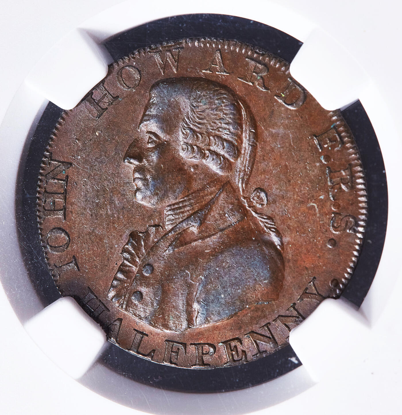 【俄甄集藏】满园春色-2026年(051)04-22星期三 晚 19:30 全场包邮 英国1790年代萨默赛特郡巴斯市慈善家约翰·霍华德·希克曼头像1/2便慈善女神商业代用铜币，NGC MS62，巧克力包浆，原铜光犹存，设计精美