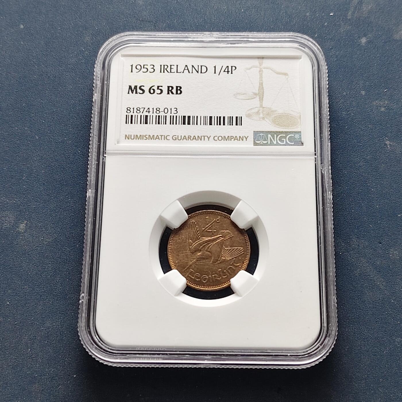 【全场包邮】纯粹捡漏拍521场 【收藏级·亚军分】爱尔兰1953年1/4便士铜币-NGC MS65 RB（更高分仅1枚）