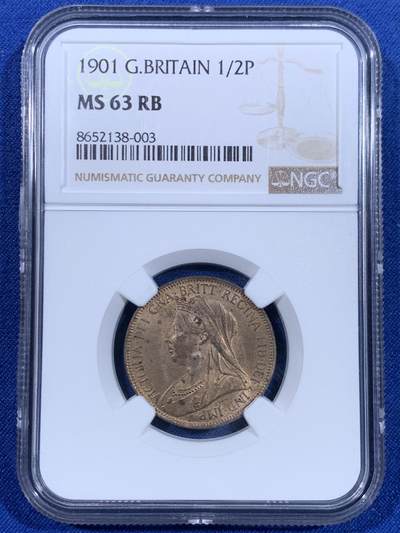 《竞宝斋》第479场 周日，周一 2场连拍 （全场包邮）20级店铺 欢迎送拍 - NGC MS63RB 英国1901年维多利亚1/2便士