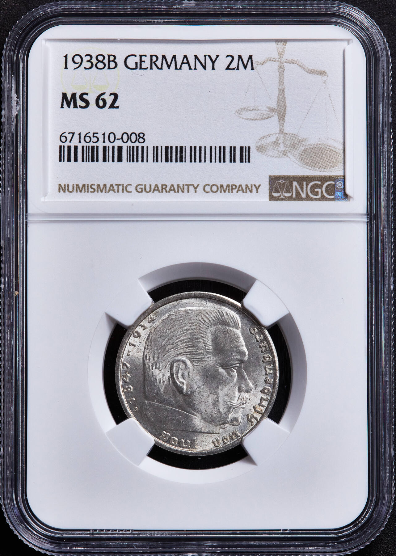 【俄甄集藏】满园春色-2026年(051)04-22星期三 晚 19:30 全场包邮 德国第三帝国1938年B版兴登堡党徽2马克银币，NGC MS62，转光品相，原图至官网查询或联系客服