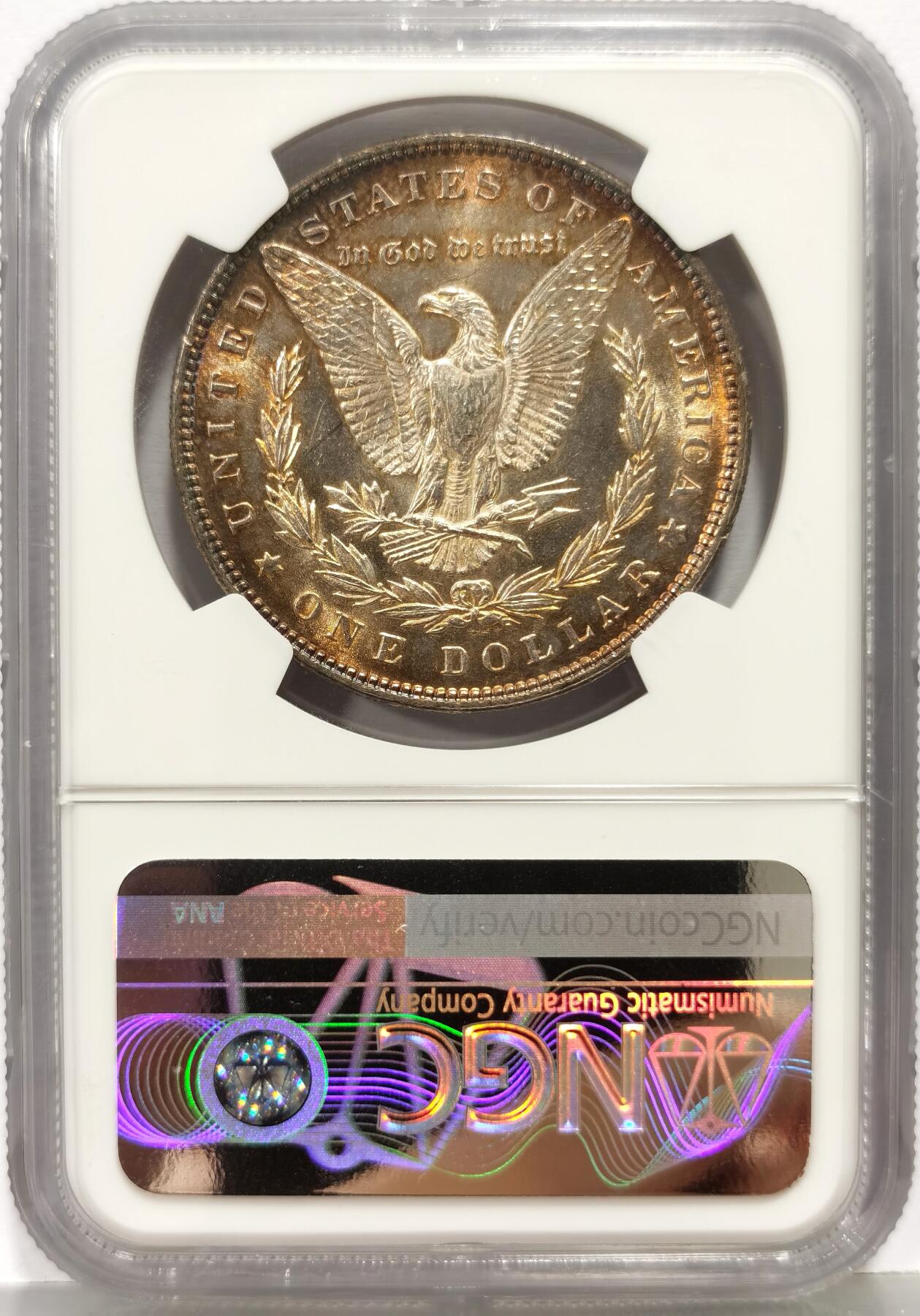 博洋堂世界钱币拍卖第168期（全场包邮） NGC MS63 美国1887年摩根银币P版，原汁原味老包浆，包浆醇厚浓郁，味道绝，双面五彩包浆，味道币味道足，状态佳。