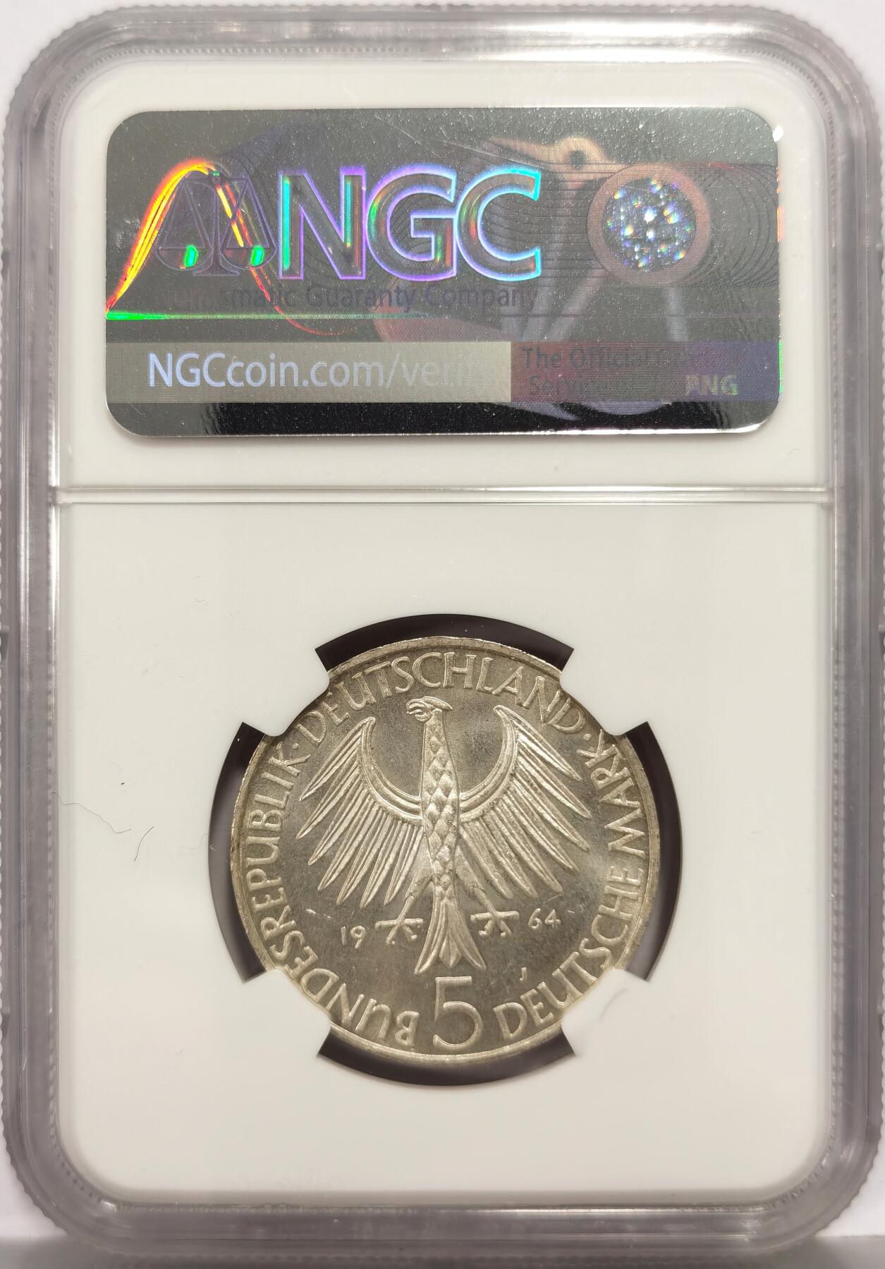 博洋堂世界钱币拍卖第168期（全场包邮） NGC MS66 联邦德国西德1964年费希特逝世150周年5马克纪念银币，西德五大天王之一，极品高分