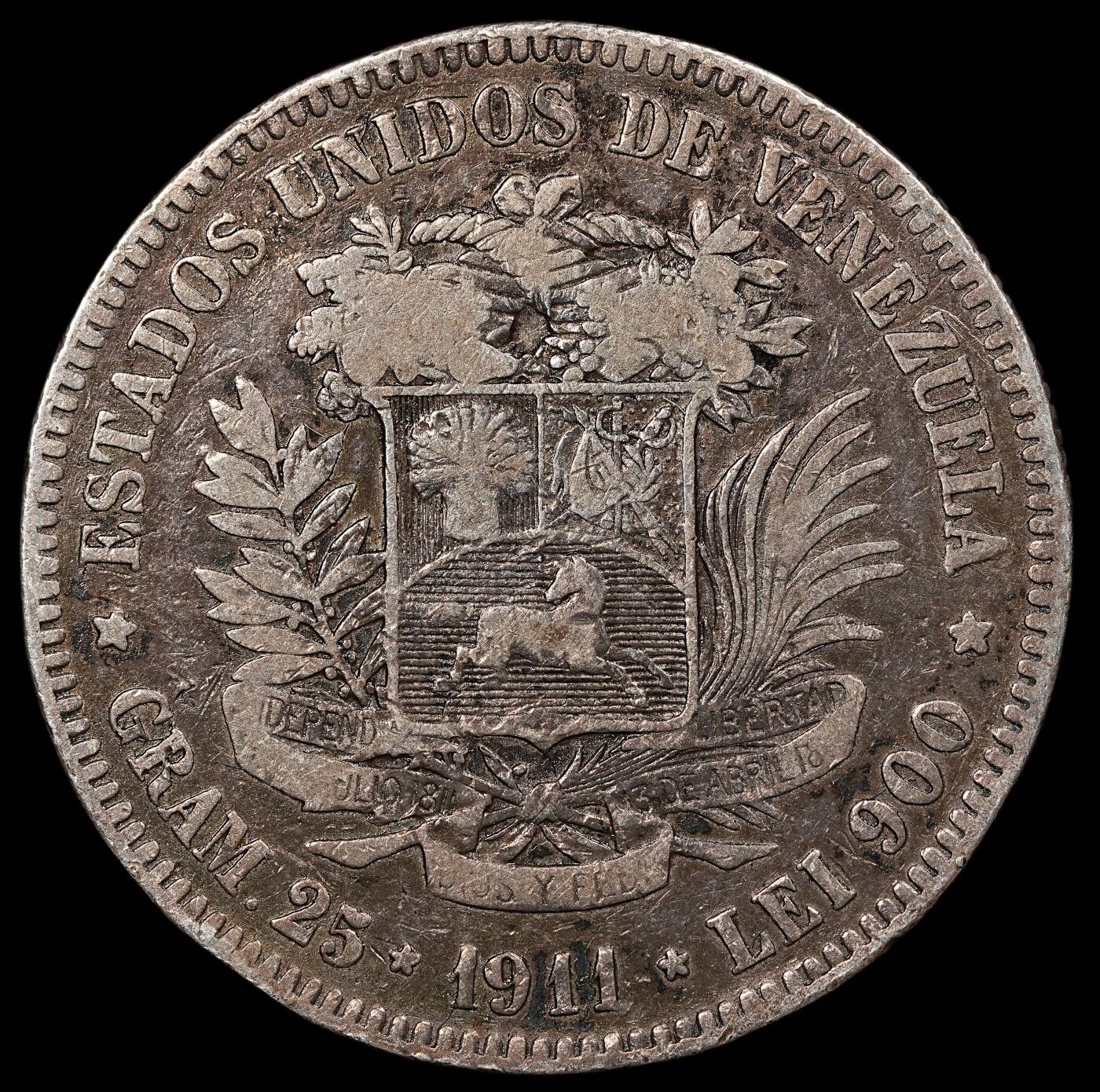 修遠堂世界钱币第111期 1911 年委内瑞拉玻利瓦尔 5 博利瓦银币，24.61g，含银90%