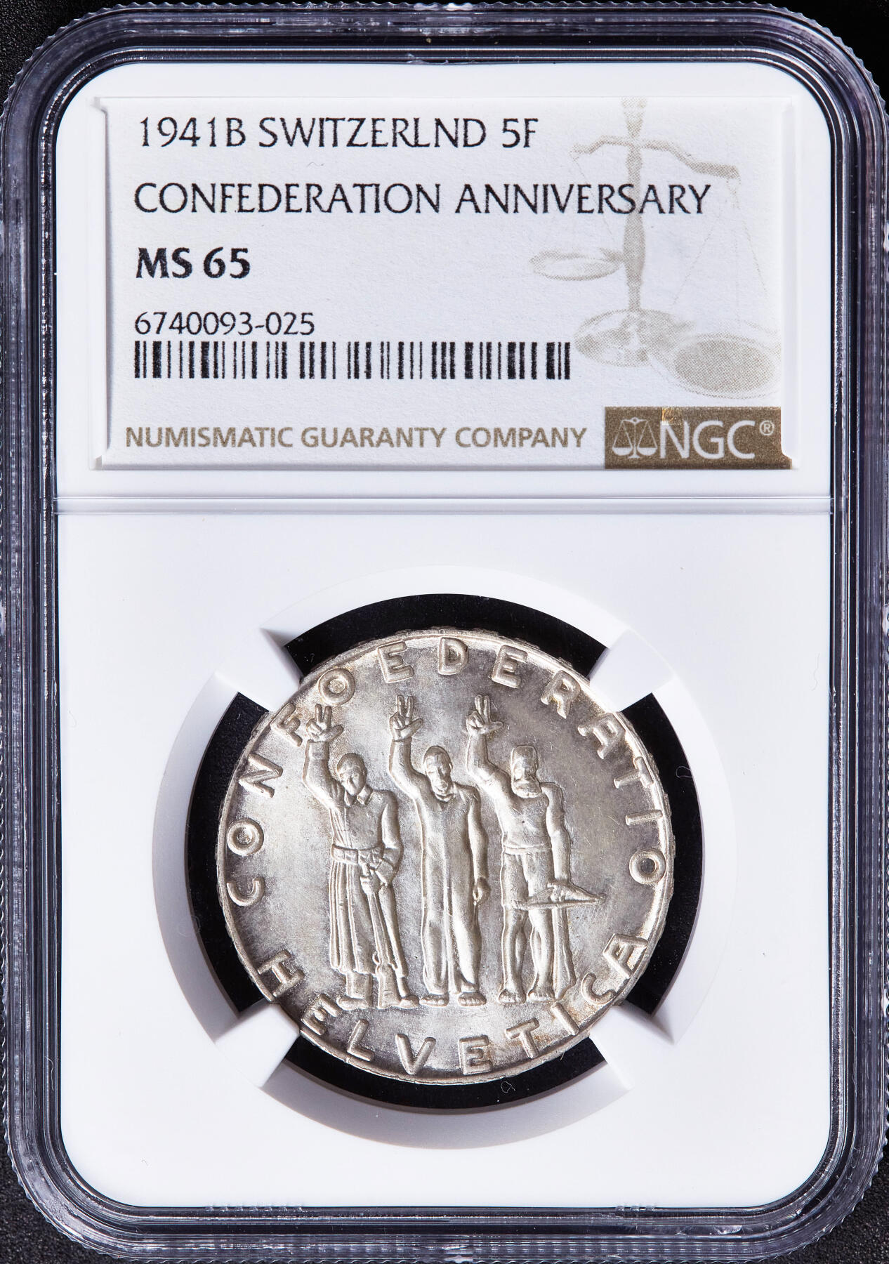 【俄甄集藏】满园春色-2026年(051)04-22星期三 晚 19:30 全场包邮 瑞士1941年B版纪念联邦成立650周年5法郎银币，NGC MS65，黄油彩转光品相，重15克，835银，发行量100150枚