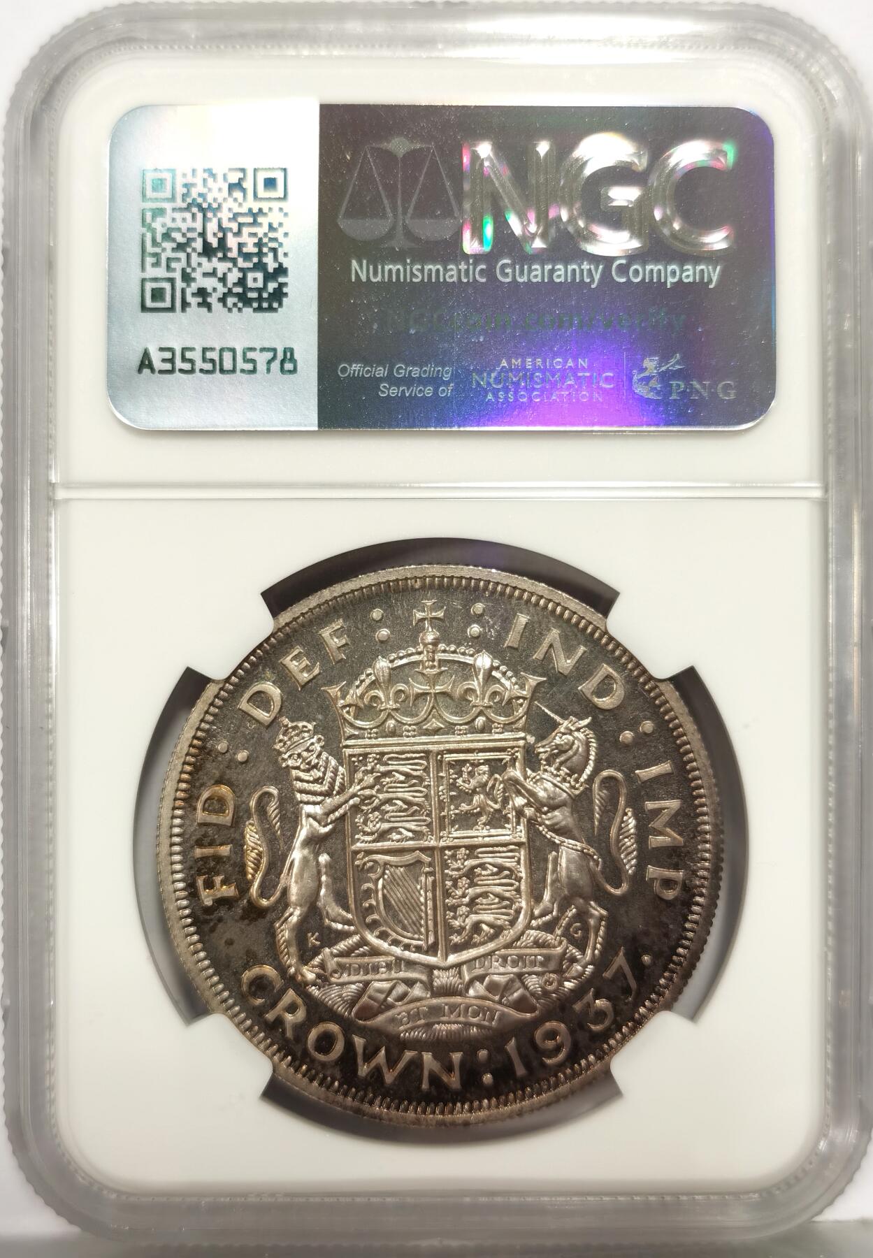 博洋堂世界钱币拍卖第168期（全场包邮） NGC PF63 英国1937年乔治六世登基1克朗精制银币，发行量2.6万枚，名人旧藏。原汁原味老包浆，包浆醇厚浓郁，PROOF精制币，高浮雕币面，味道币味道足，五彩包浆锋利感十足。