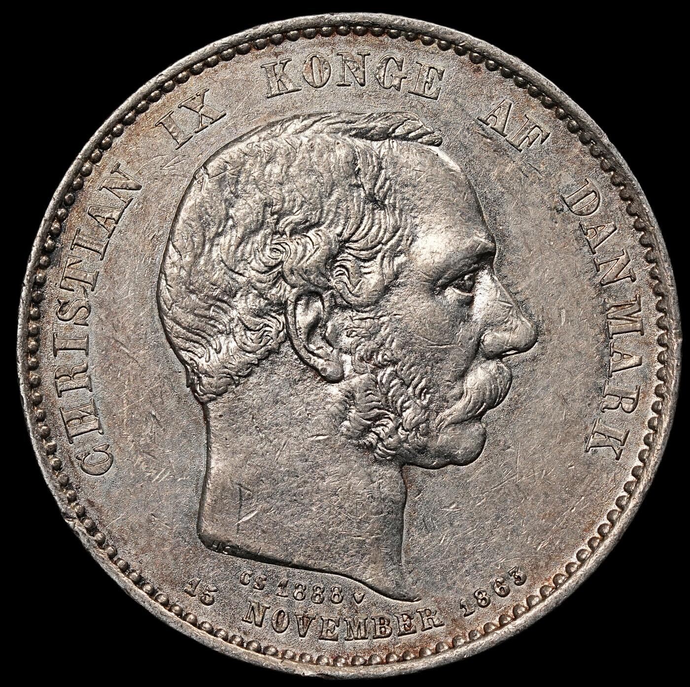 修遠堂世界钱币第111期 1888年丹麦国王登基25周年纪念2克朗银币 15g，含银80%