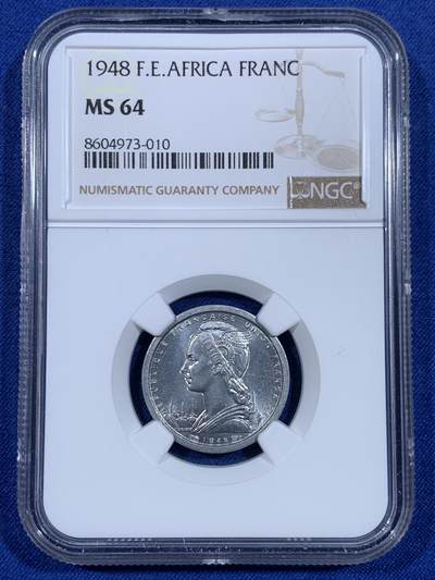 《竞宝斋》第479场 周日，周一 2场连拍 （全场包邮）20级店铺 欢迎送拍 - NGC MS64 法属圣皮埃尔和密克隆1948年1法郎铝币 转光品相 少见法属地区 热门