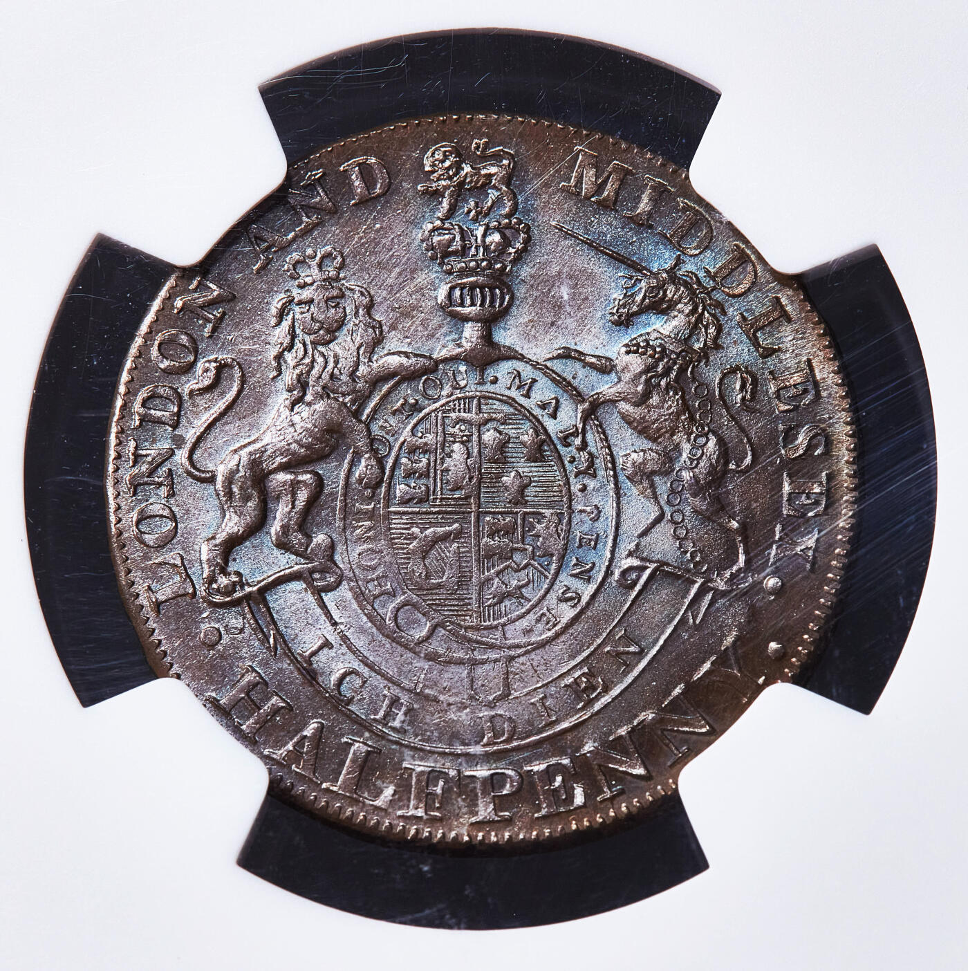 【俄甄集藏】满园春色-2026年(051)04-22星期三 晚 19:30 全场包邮 英国1790年代米德尔塞克思郡威尔士亲王乔治（后来的国王乔治四世）头像1/2便士国家系列皇室纹章版商业代用铜币，NGC MS64，巧克力五彩包浆，原光品相，亚军