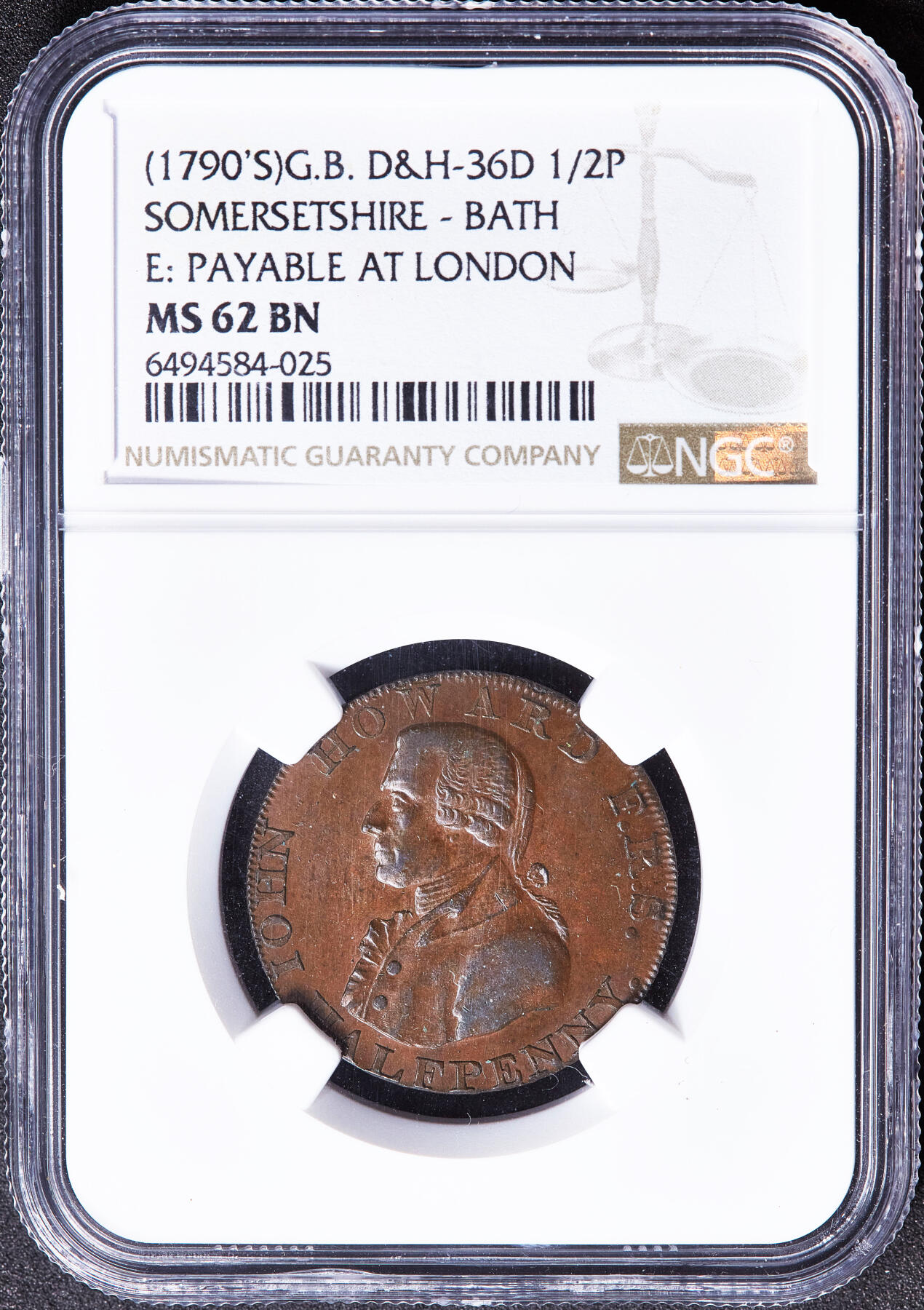 【俄甄集藏】满园春色-2026年(051)04-22星期三 晚 19:30 全场包邮 英国1790年代萨默赛特郡巴斯市慈善家约翰·霍华德·希克曼头像1/2便慈善女神商业代用铜币，NGC MS62，巧克力包浆，原铜光犹存，设计精美