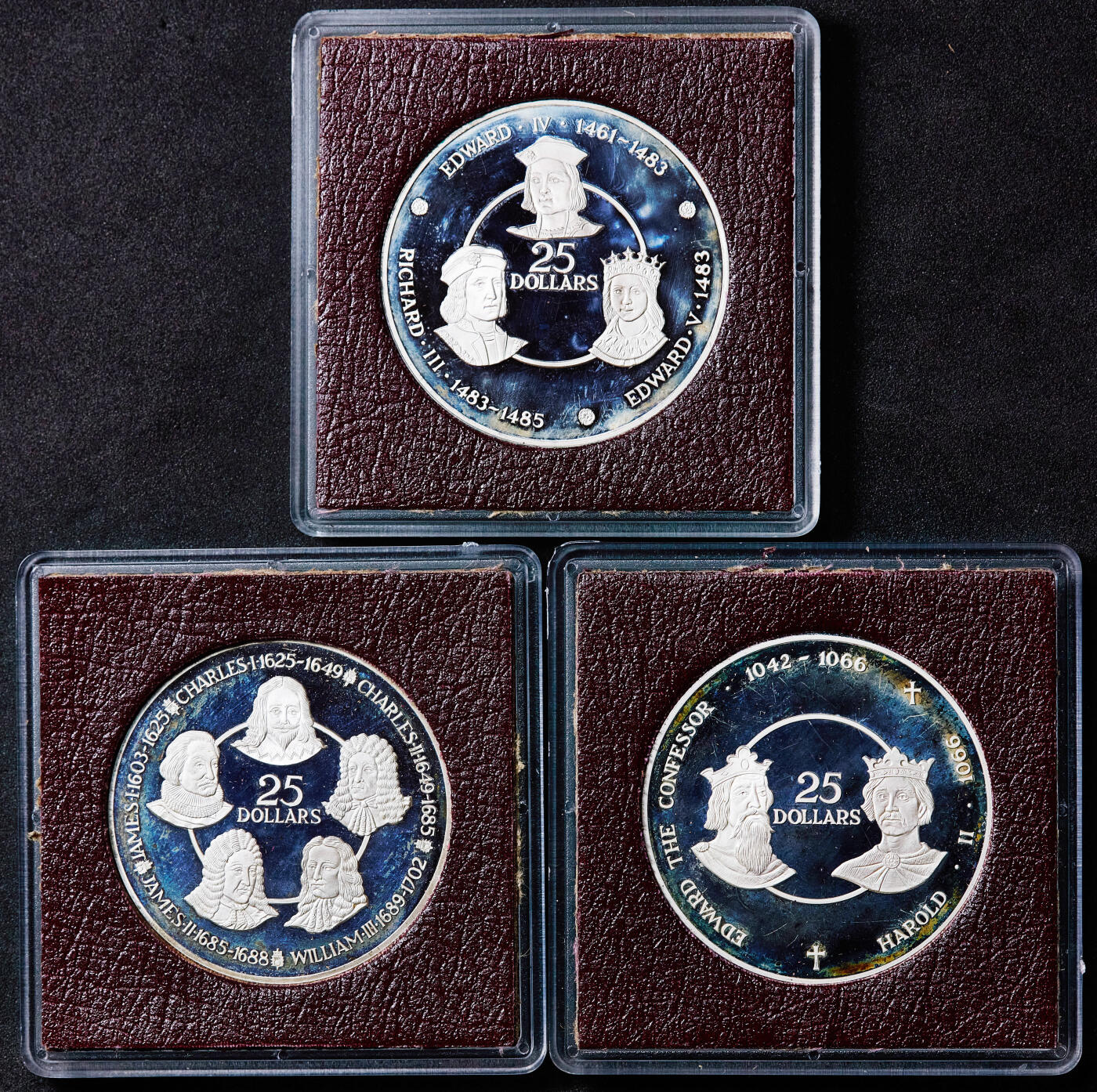 【俄甄集藏】满园春色-2026年(051)04-22星期三 晚 19:30 全场包邮 英属开曼群岛1980年英国历史君主系列精制大银币9枚套，单枚重35.64克，500银，发行量12000枚，含纯银160.38克