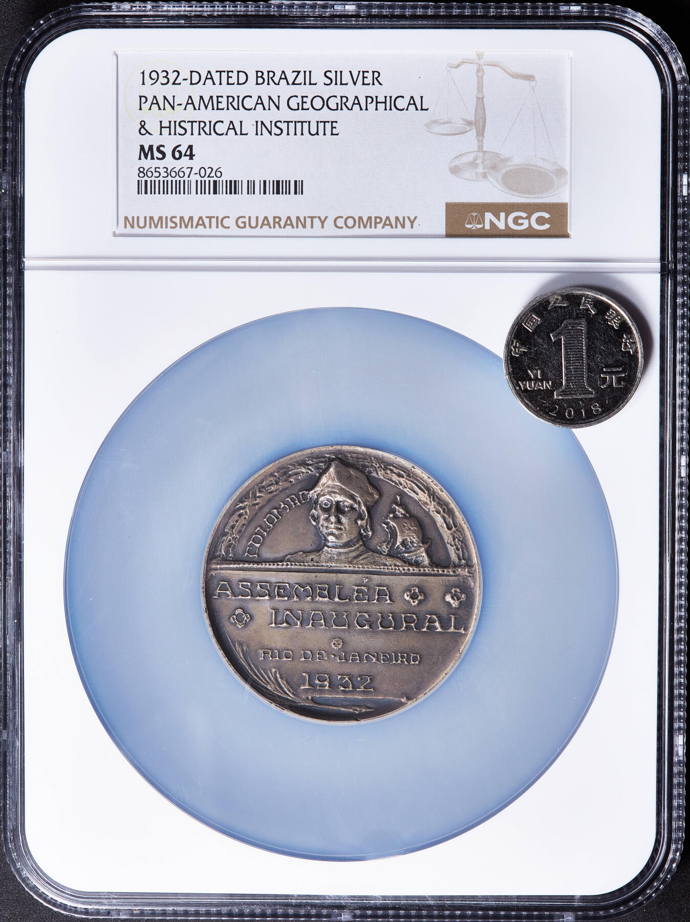 【俄甄集藏】满园春色-2026年(051)04-22星期三 晚 19:30 全场包邮 巴西1932年哥伦布头像纪念泛美地理历史学会成立大银章，NGC MS64，高浮雕，酱彩老包浆，设计精美，直径：50mm，重：82克，十分厚重，稀少品种