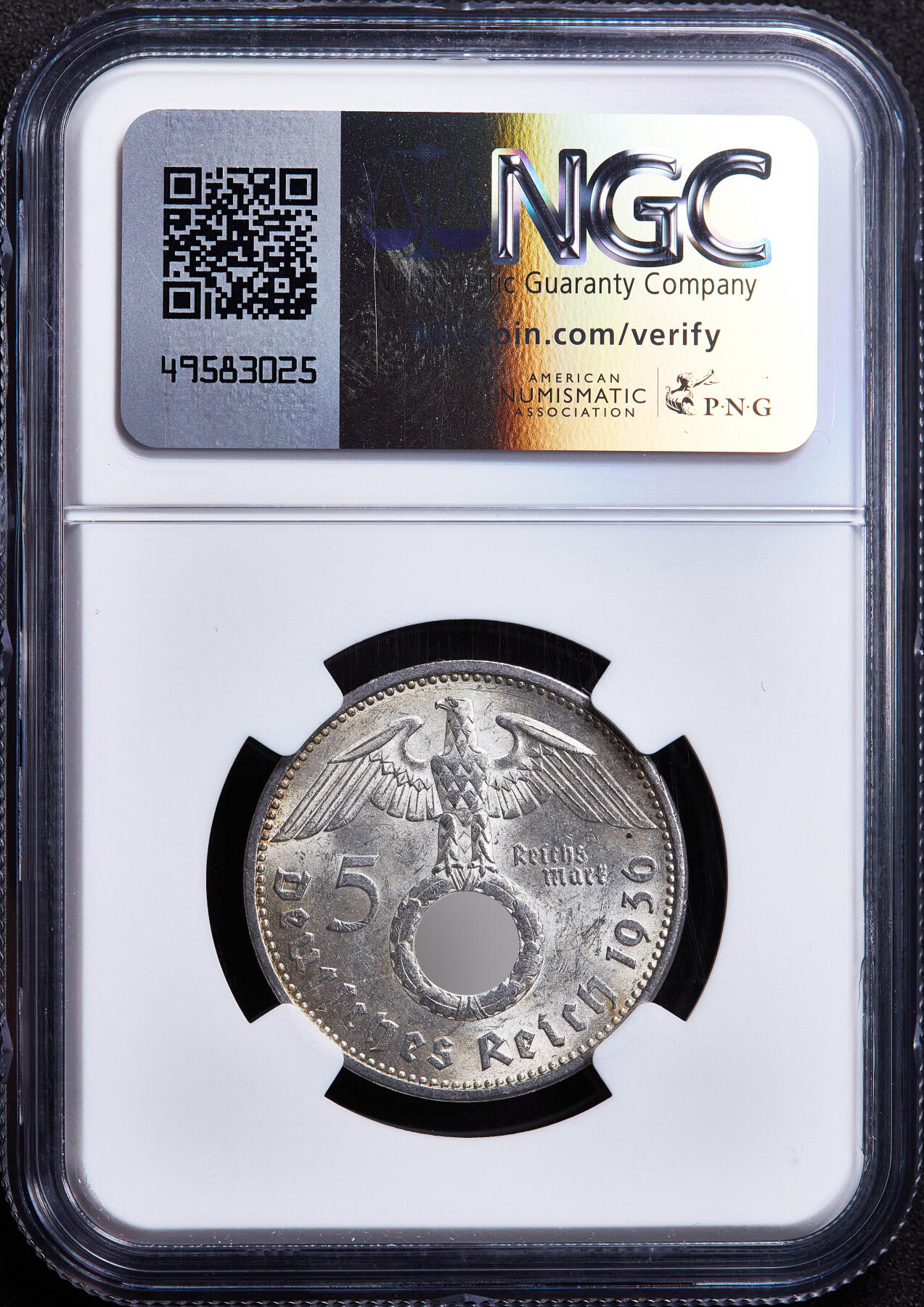 【俄甄集藏】满园春色-2026年(051)04-22星期三 晚 19:30 全场包邮 德国第三帝国1936年A版兴登堡党徽5马克银币，NGC MS62，黄油彩包浆，转光品相，少见年份，原图至官网查询或联系客服