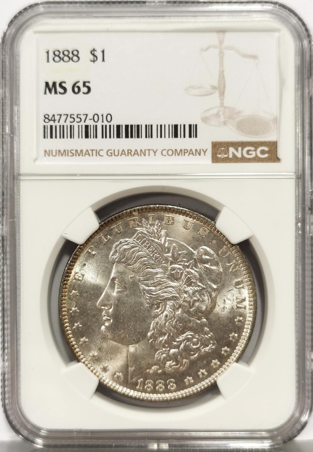 博洋堂世界钱币拍卖第168期（全场包邮） NGC MS65 美国1888年摩根银币P版，原汁原味，币面清爽干净又舒适，转光强烈细节优秀，状态一流。1888吉祥年份吉祥寓意要发发发，市场上比较稀少年份版本。