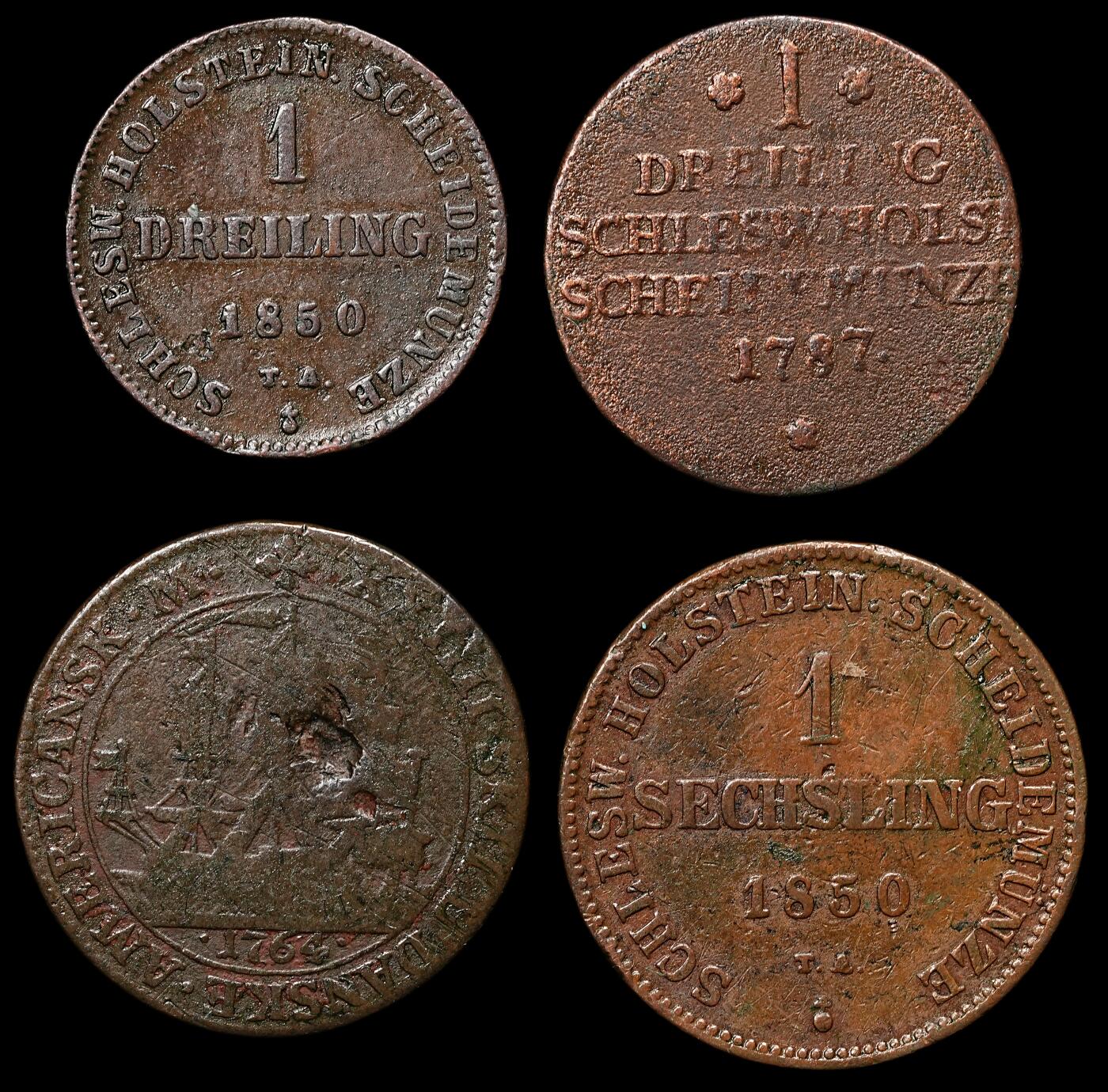 修遠堂世界钱币第111期 丹属石勒苏益格 - 荷尔斯泰因，丹属西印度钱币共4枚