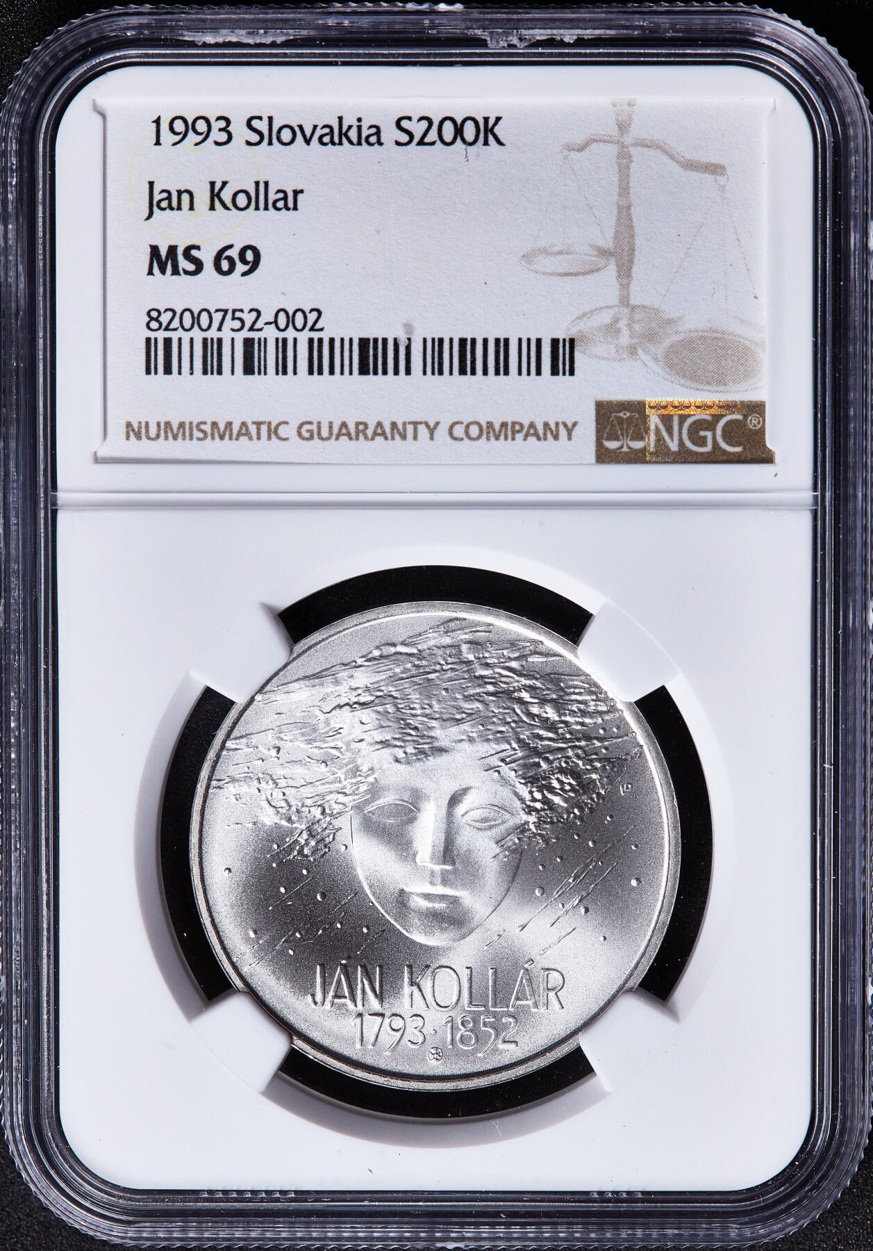 【俄甄集藏】满园春色-2026年(051)04-22星期三 晚 19:30 全场包邮 斯洛伐克1993年纪念诗人扬·科拉尔诞辰200周年200克朗银币，NGC MS69，重20克，750银，发行35000枚，唯一冠军