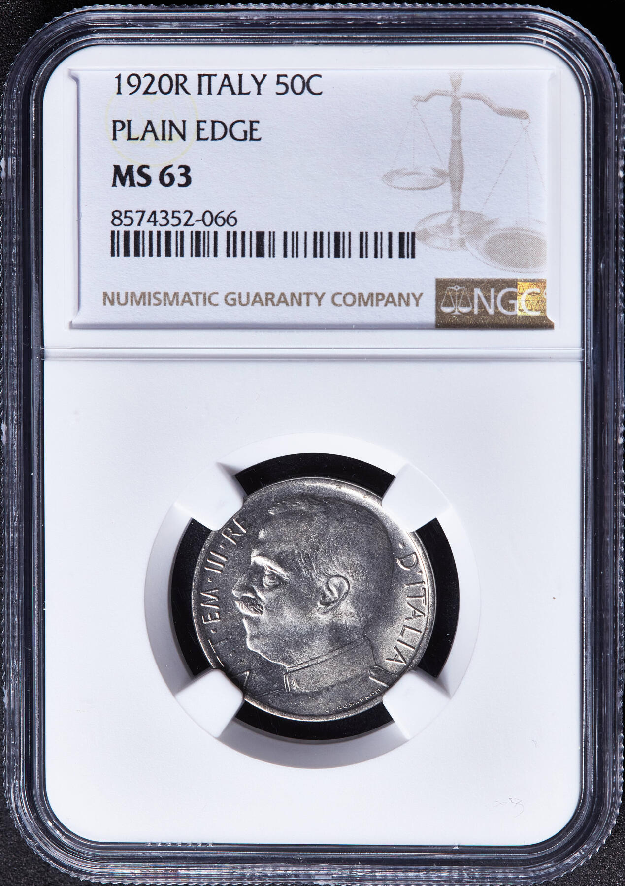 【俄甄集藏】满园春色-2026年(051)04-22星期三 晚 19:30 全场包邮 意大利王国1920年伊曼纽尔三世R版50分女神驭狮镍币，NGC MS63，平边版，转光品相