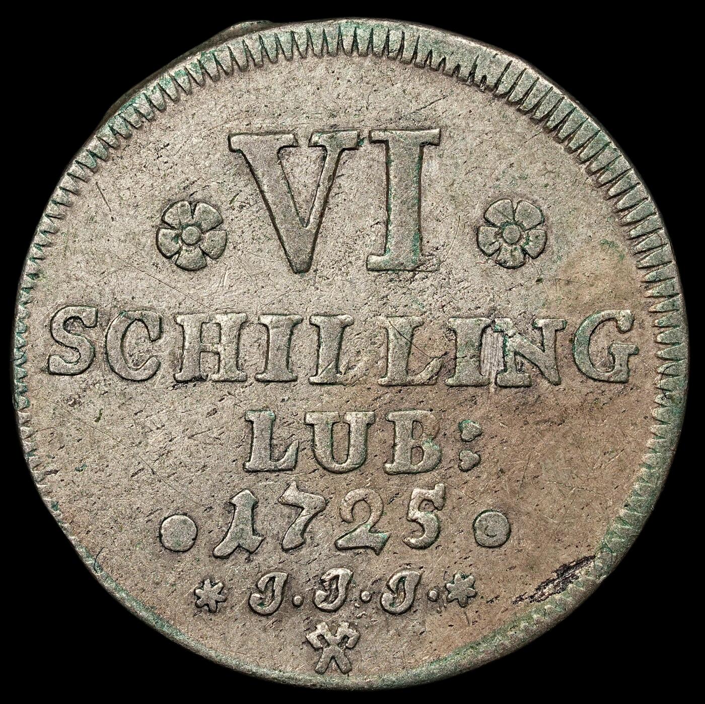修遠堂世界钱币第111期 1725 年吕贝克主教区 6 斯基令银币，3.84g