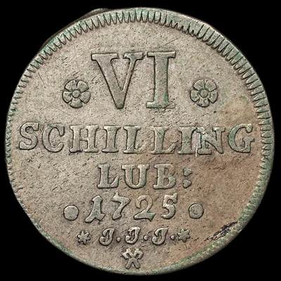 修遠堂世界钱币第111期 - 1725 年吕贝克主教区 6 斯基令银币，3.84g