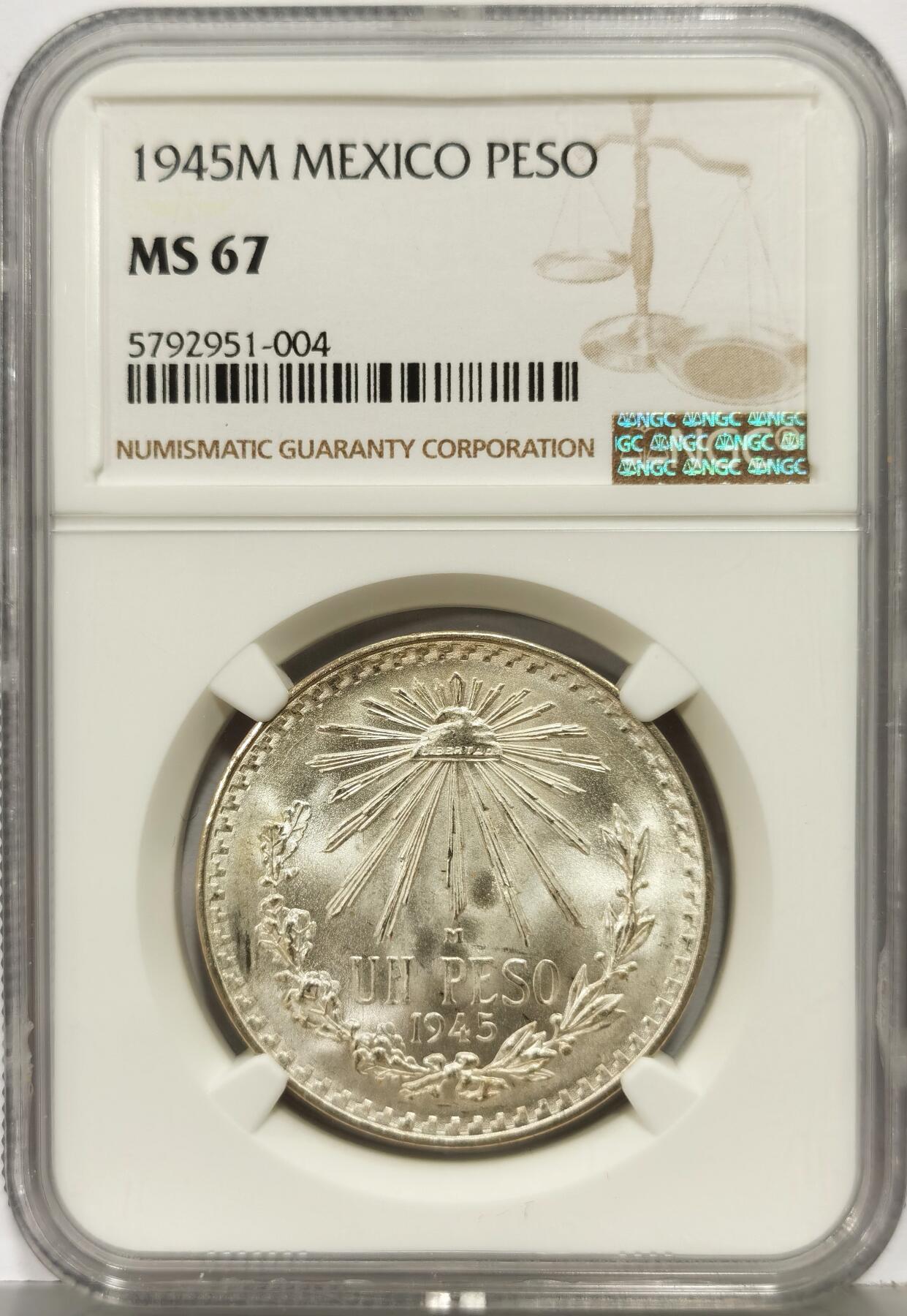 博洋堂世界钱币拍卖第168期（全场包邮） NGC MS67 墨西哥1945年1比索银币，收藏一步到位，高分只有10枚