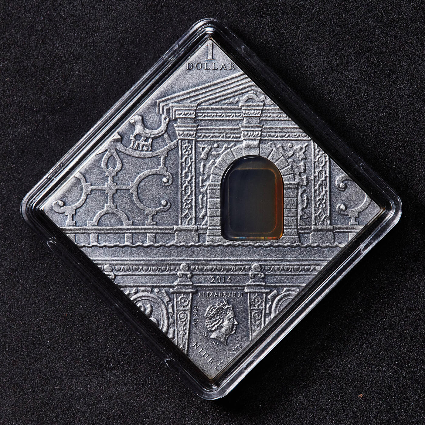 【俄甄集藏】满园春色-2026年(051)04-22星期三 晚 19:30 全场包邮 纽埃2014年改变世界的艺术系列-矫饰主义仿古1元镶嵌玛瑙方形精制大银币，原盒证，重28.28克，999银，发行量3333枚，波兰造币厂代铸，热门品种