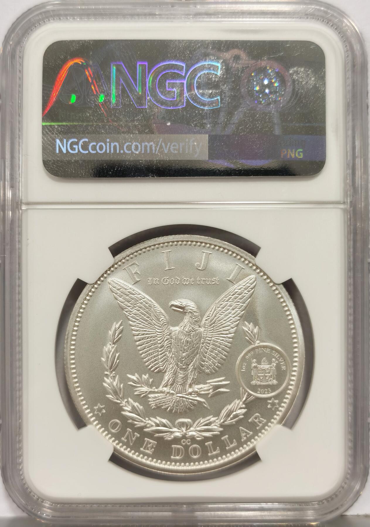 博洋堂世界钱币拍卖第168期（全场包邮） NGC MS70 斐济2023年发行钱币盲盒系列-经典复刻-1891年美国摩根“CC”版一盎司银币，磨砂底板高浮雕，特版稀缺，NGC评级满分，早期发行，UltraBreaks标签版，NGC与收藏盲盒品牌UltraBreaks合作推出的专属限定标签。