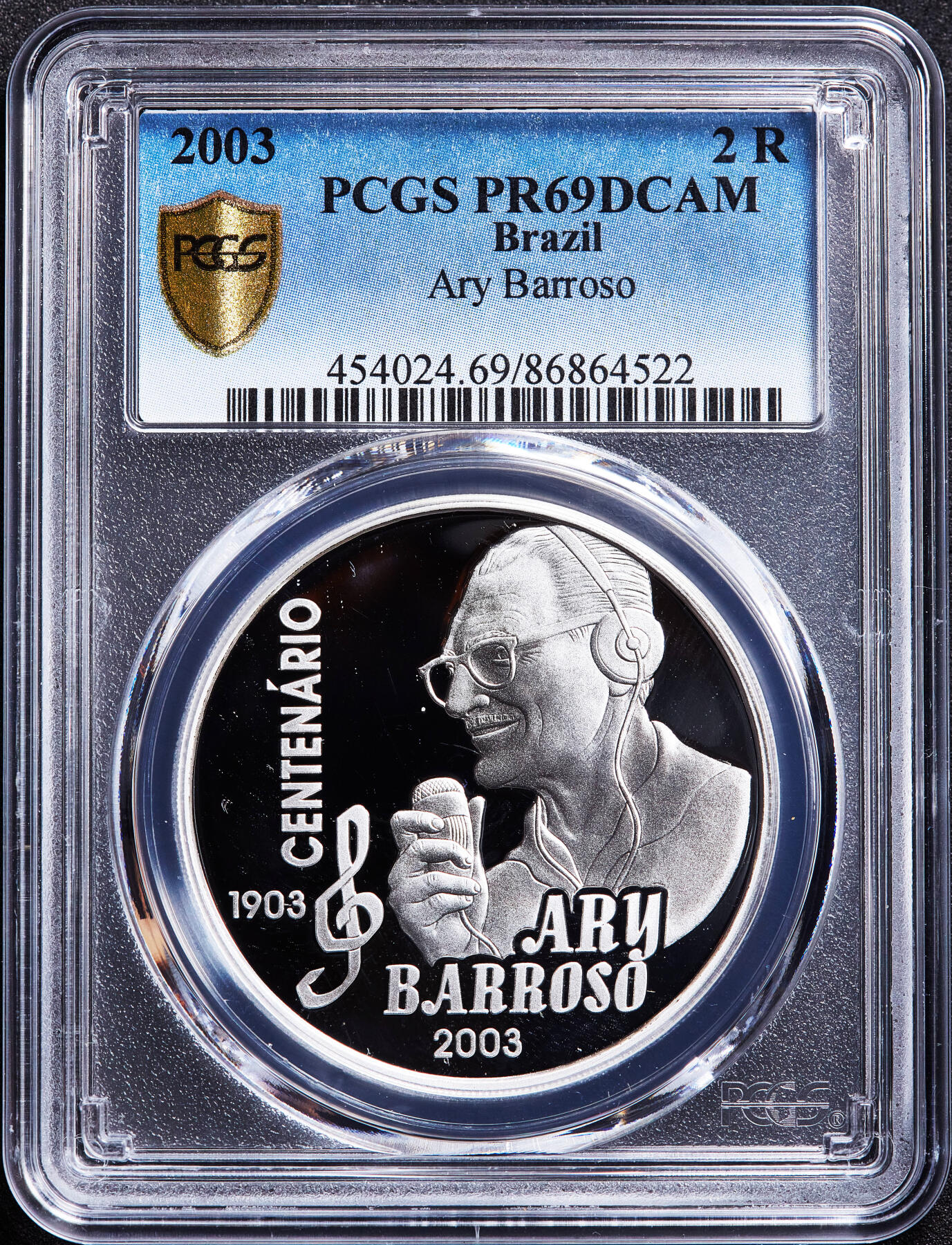 【俄甄集藏】满园春色-2026年(051)04-22星期三 晚 19:30 全场包邮 巴西2003年纪念作曲家艾里·巴罗佐诞辰100周年2瑞斯精制大银币，PGGS PR69DC，重27克，925银，发行量7000枚，少见品种，冠军分