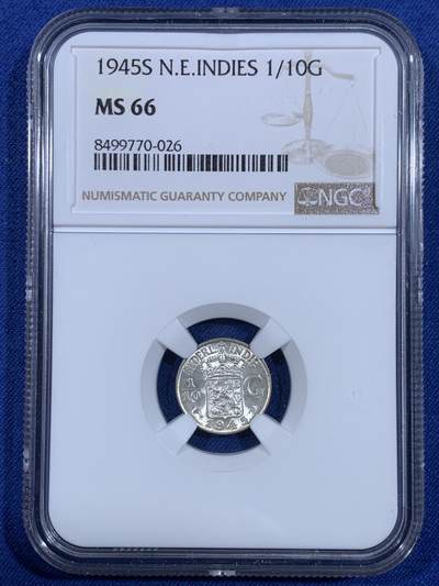 《竞宝斋》第479场 周日，周一 2场连拍 （全场包邮）20级店铺 欢迎送拍 - NGC MS66 荷属东印度群岛（现印尼）1945年1/10盾小银币 高分难得