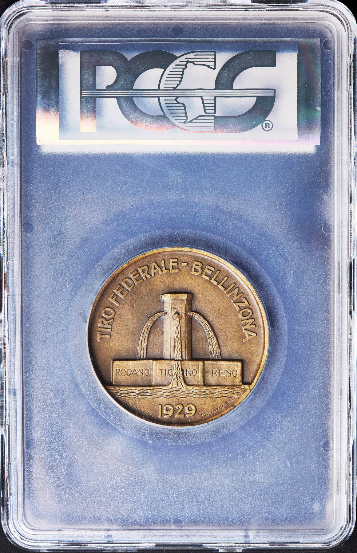 【俄甄集藏】满园春色-2026年(051)04-22星期三 晚 19:30 全场包邮 瑞士1929年纪念提契诺-贝林佐纳射击节大铜章，PCGS SP64，三泉喷泉设计精美，直径：50mm，经典品种