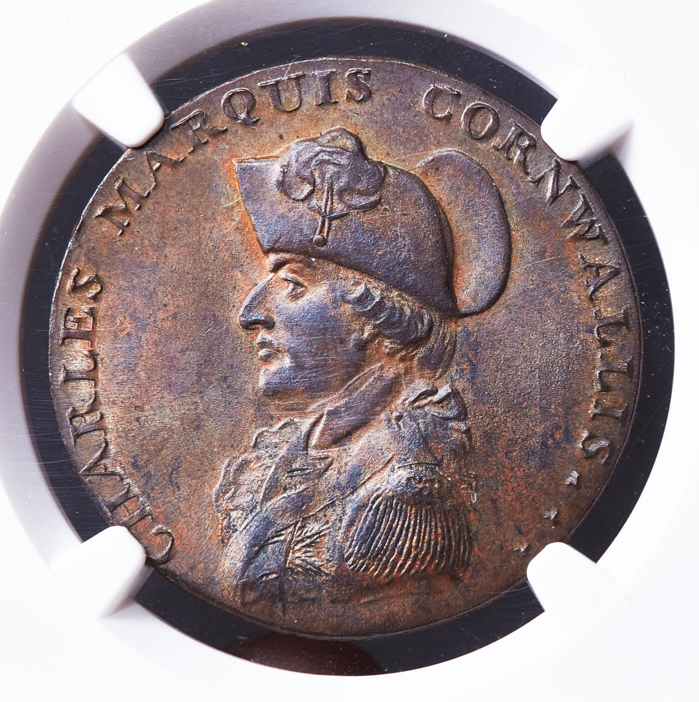 【俄甄集藏】满园春色-2026年(051)04-22星期三 晚 19:30 全场包邮 英国1794年萨福克郡伯里圣埃德蒙兹查尔斯·康沃利斯侯爵头像1便士名誉女神墨菲代用铜币，NGC MS63，巧克力包浆，高浮雕，原光品相，名誉品种