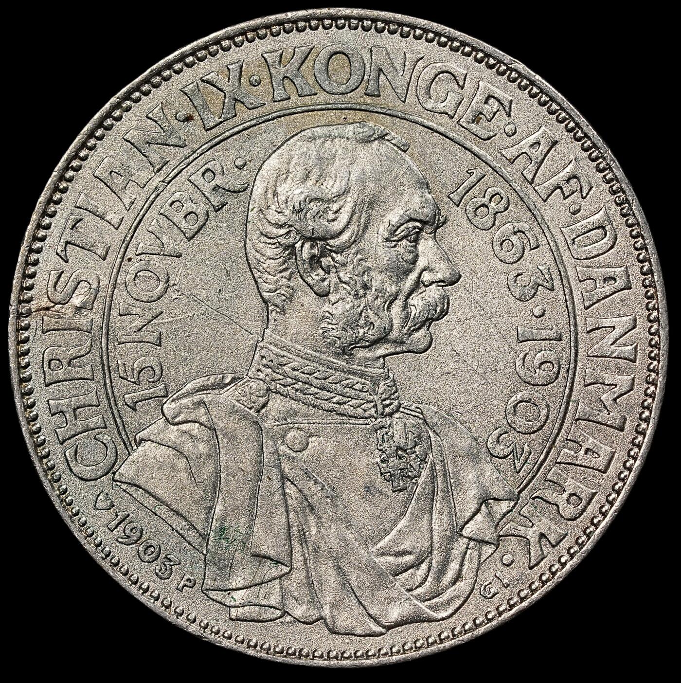 修遠堂世界钱币第111期 1903年丹麦国王登基40周年纪念2克朗银币 14.96g，含银80%，币面有焊点