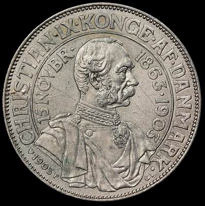 修遠堂世界钱币第111期 - 1903年丹麦国王登基40周年纪念2克朗银币 14.96g，含银80%，币面有焊点