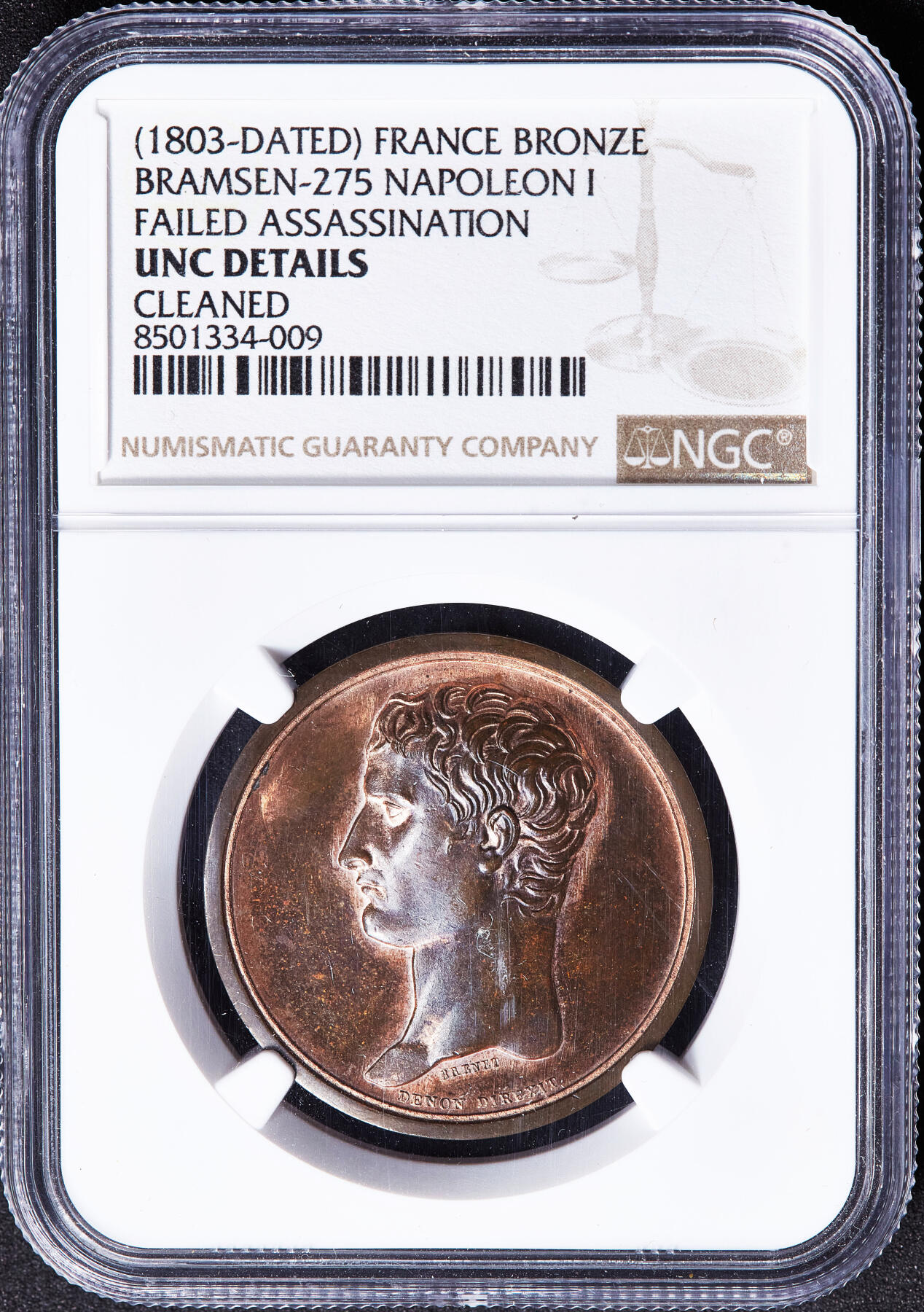 【俄甄集藏】满园春色-2026年(051)04-22星期三 晚 19:30 全场包邮 法国拿破仑帝国1803年纪念刺杀国王失败铜章，NGC UNCD，背面命运女神福尔图娜操纵船桨，发行背景：1802年英国曾鼓动法国将领莫罗刺杀拿破仑，被拿破仑察觉，并开始大举抓捕保皇党‌，稀有品种，原铜光