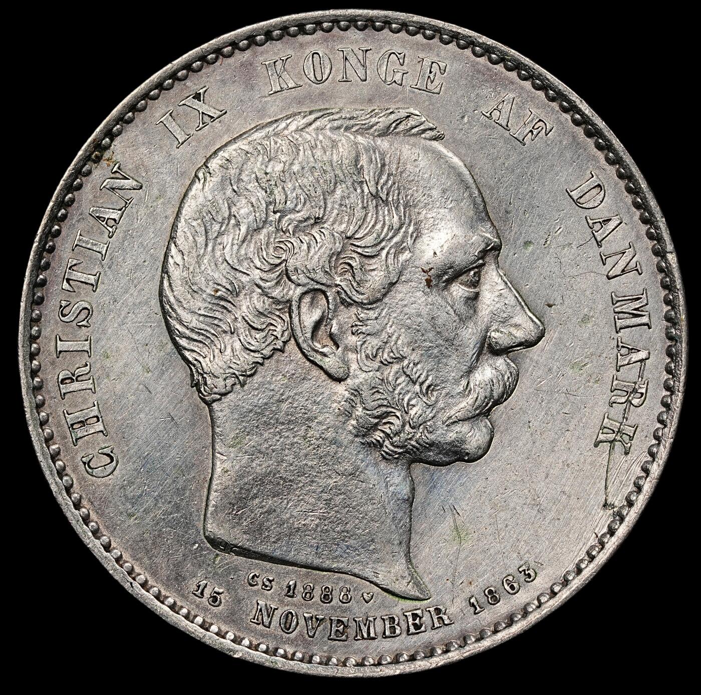 修遠堂世界钱币第111期 1888年丹麦国王登基25周年纪念2克朗银币 15g，含银80%