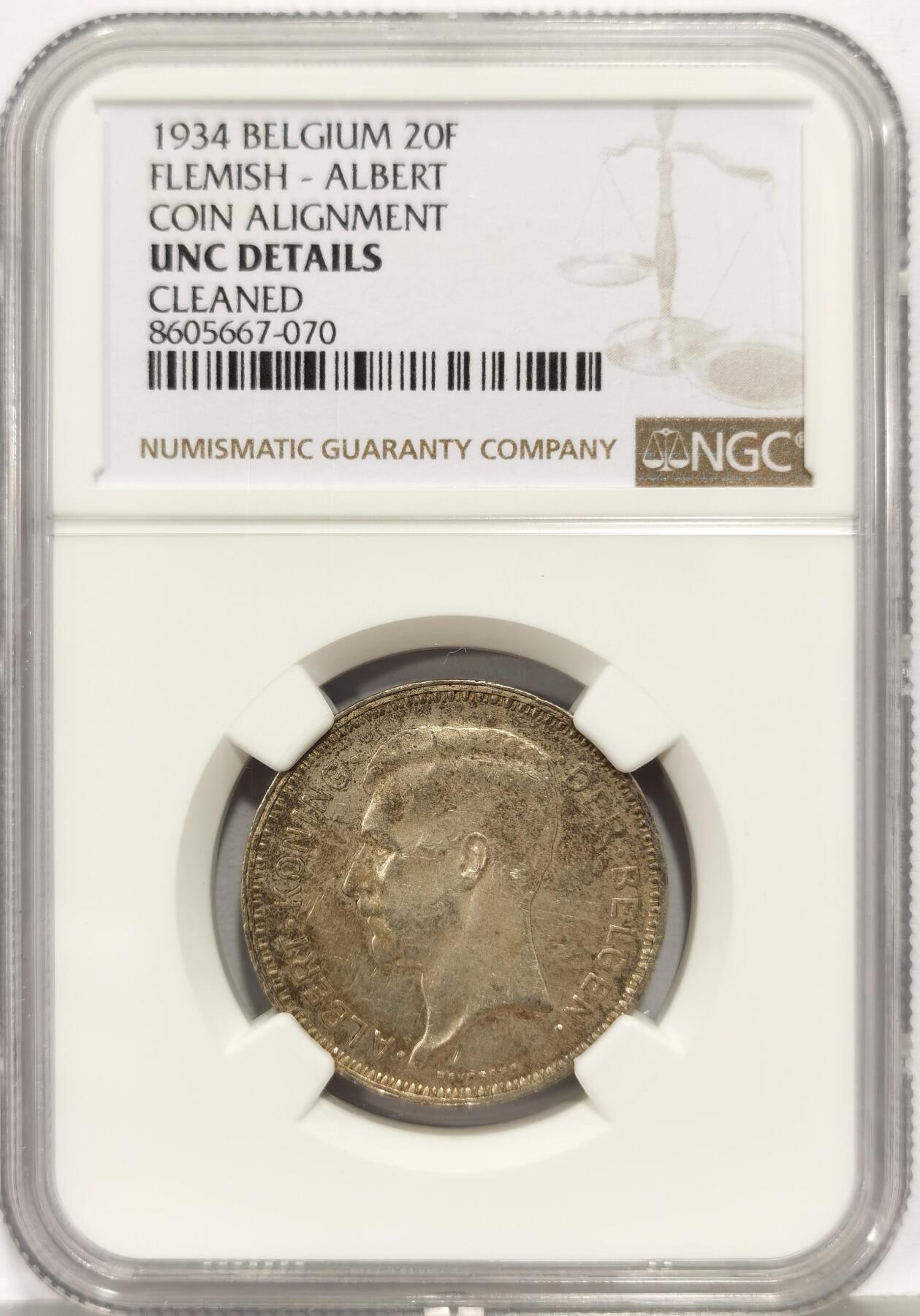 博洋堂世界钱币拍卖第168期（全场包邮） NGC UNC 比利时1934年阿尔贝托20法郎银币