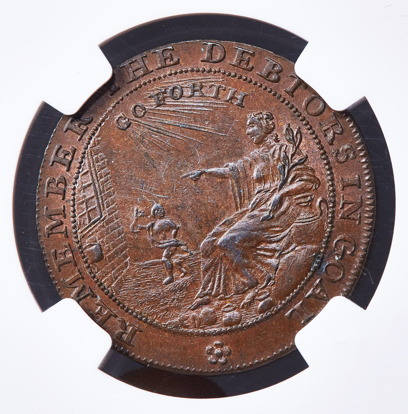 【俄甄集藏】满园春色-2026年(051)04-22星期三 晚 19:30 全场包邮 英国1790年代萨默赛特郡巴斯市慈善家约翰·霍华德·希克曼头像1/2便慈善女神商业代用铜币，NGC MS62，巧克力包浆，原铜光犹存，设计精美