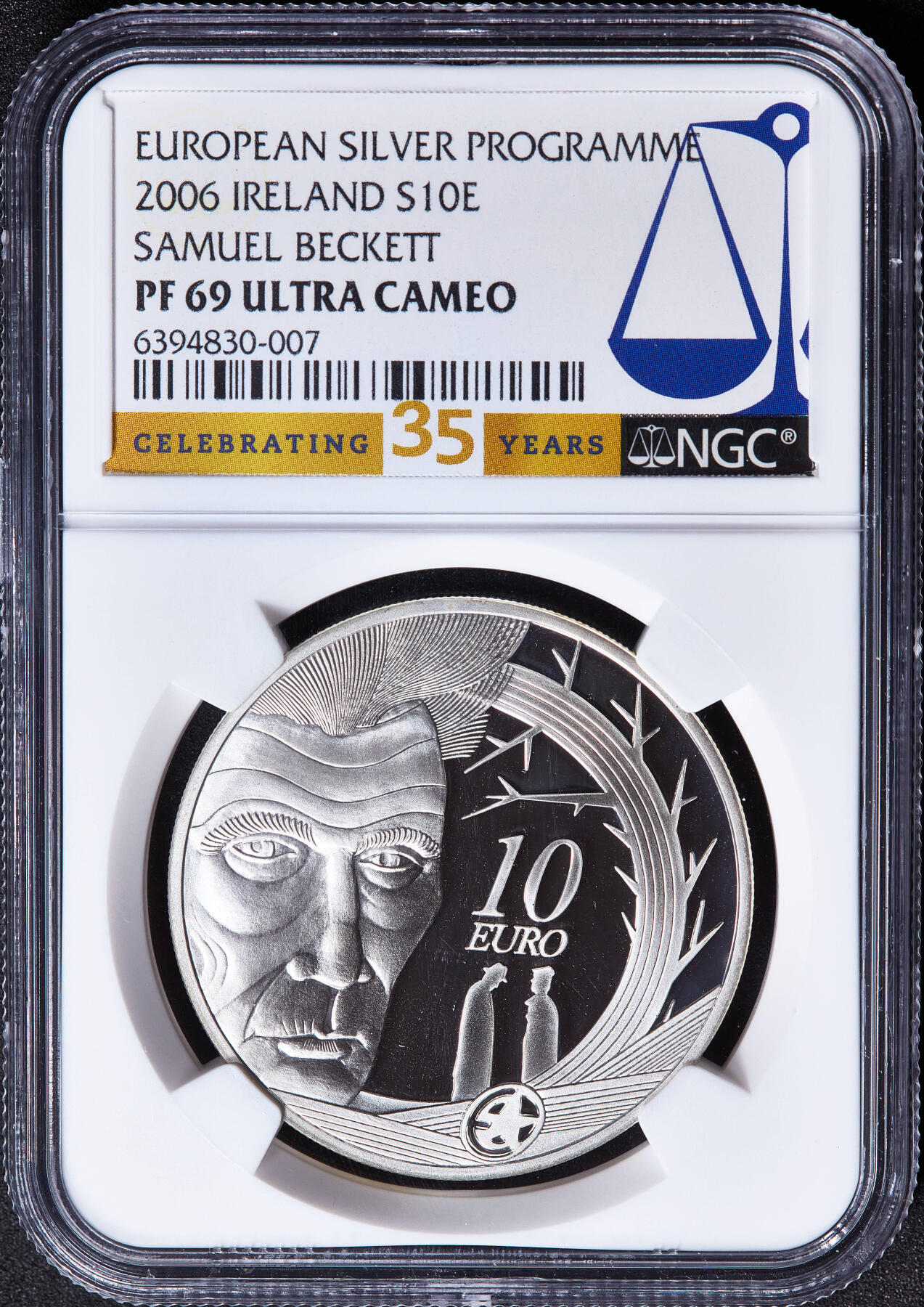 【俄甄集藏】满园春色-2026年(051)04-22星期三 晚 19:30 全场包邮 爱尔兰2006年纪念剧作家萨缪尔·贝克特诞辰100周年10欧元精制大银币，NGC PF69UC，重28.28克，925银，发行量40000枚，季军，NGC35周年特殊标签