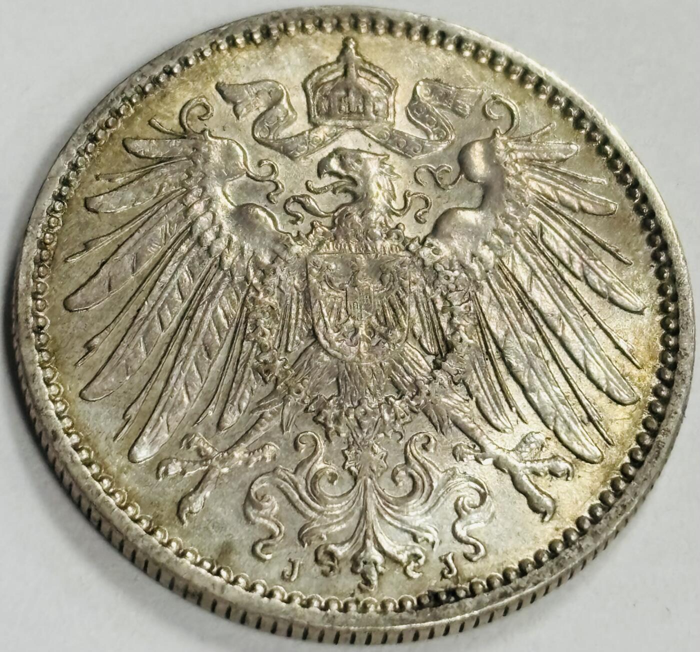 文馨钱币收藏第 300 场，银币，散币，小量德占比利时时期货币，长期接代拍业务 少见原光好品 1915 面德意志帝国长翅鹰 1 马克银币 J 厂（汉堡铸造厂）细节完美 5.55 克 900 银