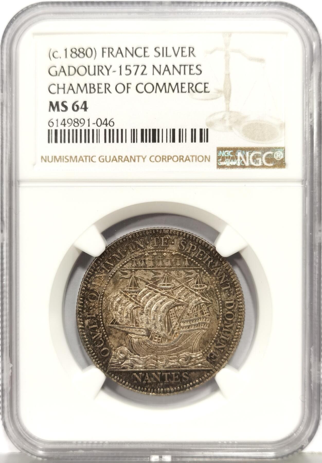 博洋堂世界钱币拍卖第168期（全场包邮） NGC MS64 法国1880年南特商会代币，极其精美的商贸海景和商会主建筑风景构图。