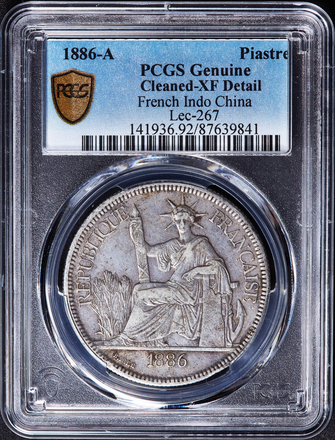 【俄甄集藏】满园春色-2026年(051)04-22星期三 晚 19:30 全场包邮 法属印度支那1886年1皮阿斯特加重坐洋大银币，PCGS XFD，原味包浆