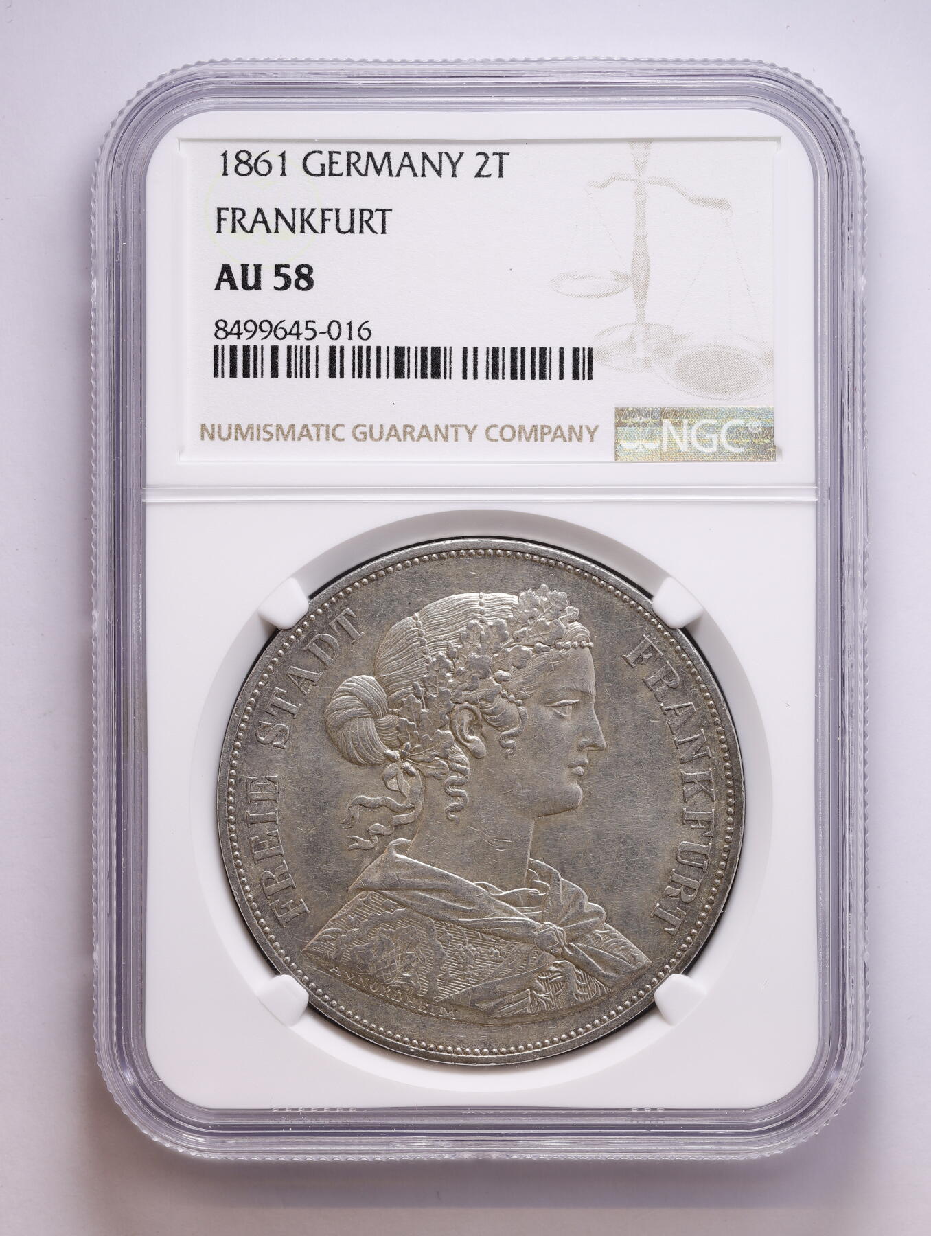 观钱 近现代机制币拍卖No.008（全场顺丰包邮，不区分偏远地区）  1861 年 德国法兰克福自由市 少女 2 泰勒（2T）大银币 NGC AU58