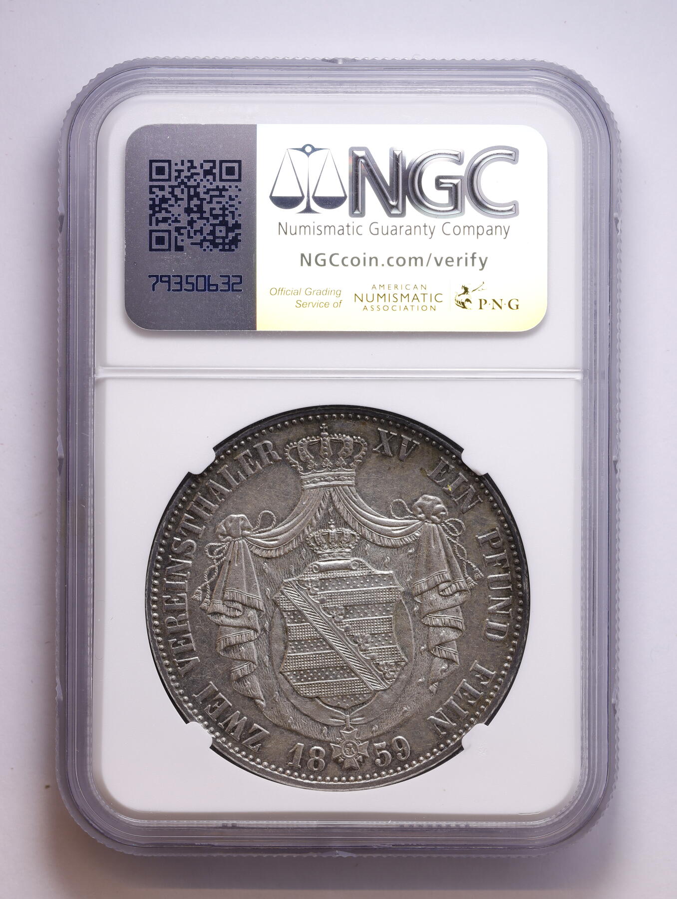 观钱 近现代机制币拍卖No.008（全场顺丰包邮，不区分偏远地区）  1859 年 F 厂 德国萨克森王国 约翰一世 2 泰勒（2T）大银币 NGC AU58