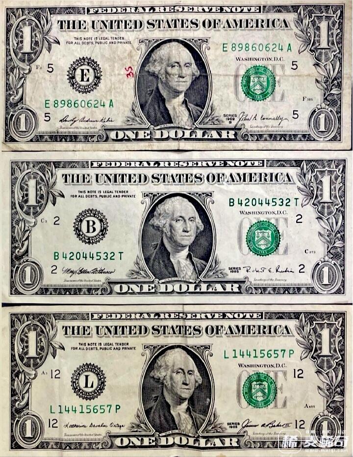 美国1969、85、95年1美元纸币3枚一组