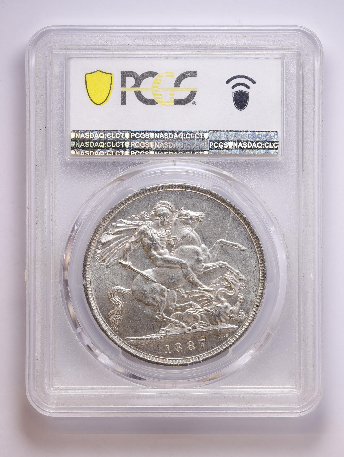 观钱 近现代机制币拍卖No.008（全场顺丰包邮，不区分偏远地区）  1887 年英国大不列颠维多利亚女王禧年头像（高冠马剑） 1 克朗（Crown）银币 PCGS MS62（版别 S-3921）