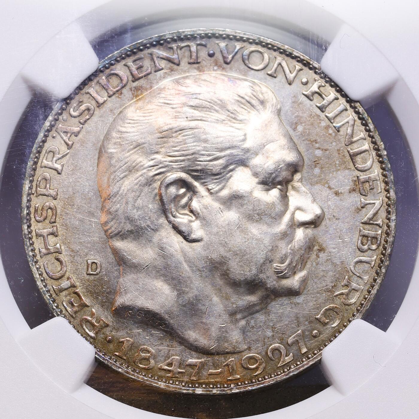 观钱 近现代机制币拍卖No.008（全场顺丰包邮，不区分偏远地区）  1927 年德国魏玛共和国 卡尔・戈茨（Karl Goetz）兴登堡总统 80 岁诞辰纪念银章（KIENAST-386） NGC UNC92 传奇币章雕刻大师卡尔・戈茨（Karl Goetz）作品，淡金彩，镜面底板