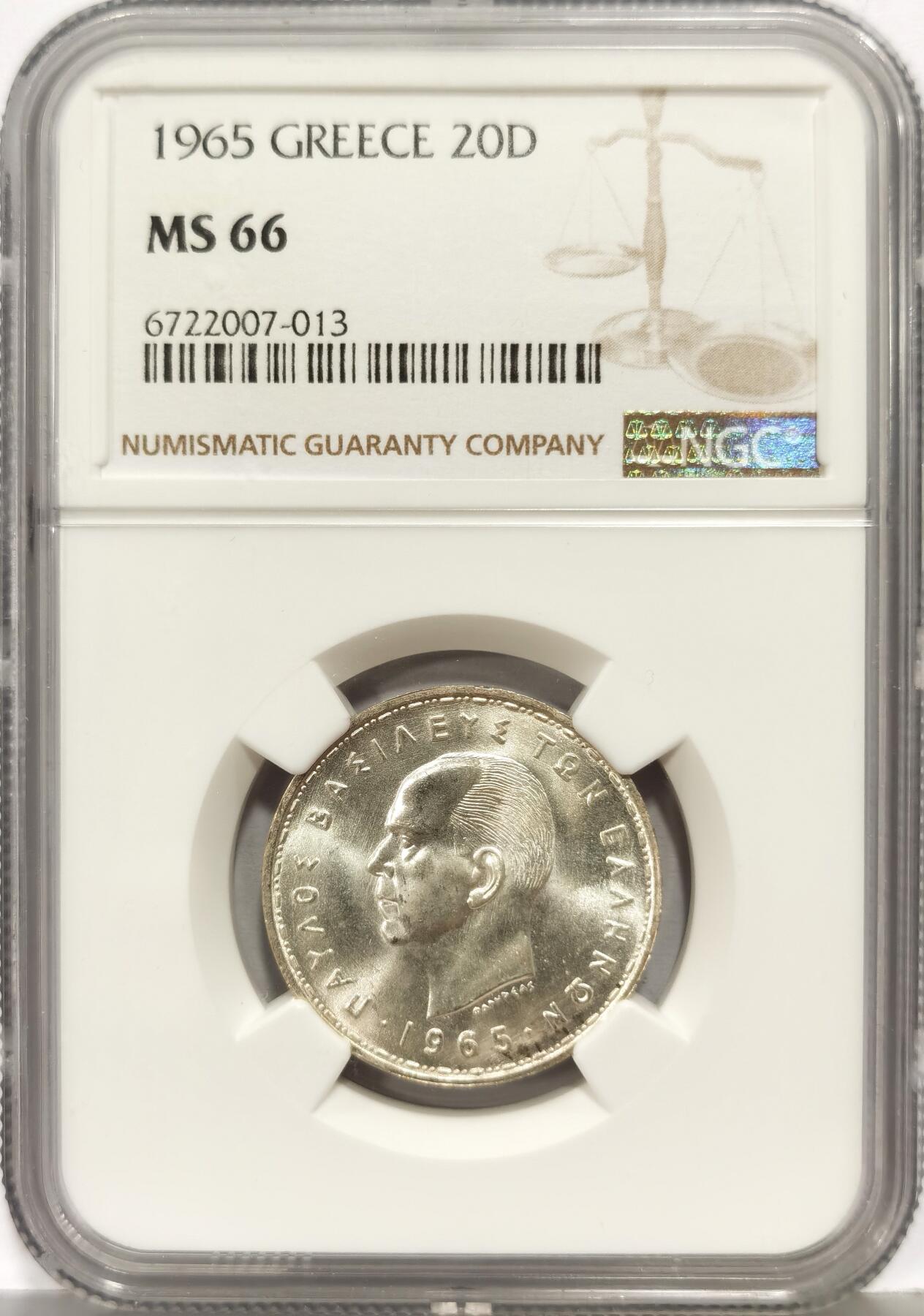 博洋堂世界钱币拍卖第168期（全场包邮） NGC MS66 希腊1965年20D银币，背面女神构图美轮美奂，克劳斯书价极高