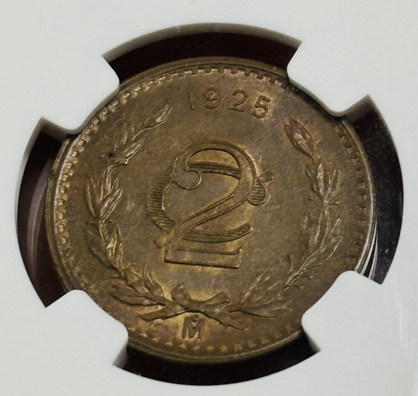 文馨钱币收藏第 300 场，银币，散币，小量德占比利时时期货币，长期接代拍业务 NGC MS62 BN1925 年墨西哥 2 分铜币，原铜光满状态，不可多得的品相
